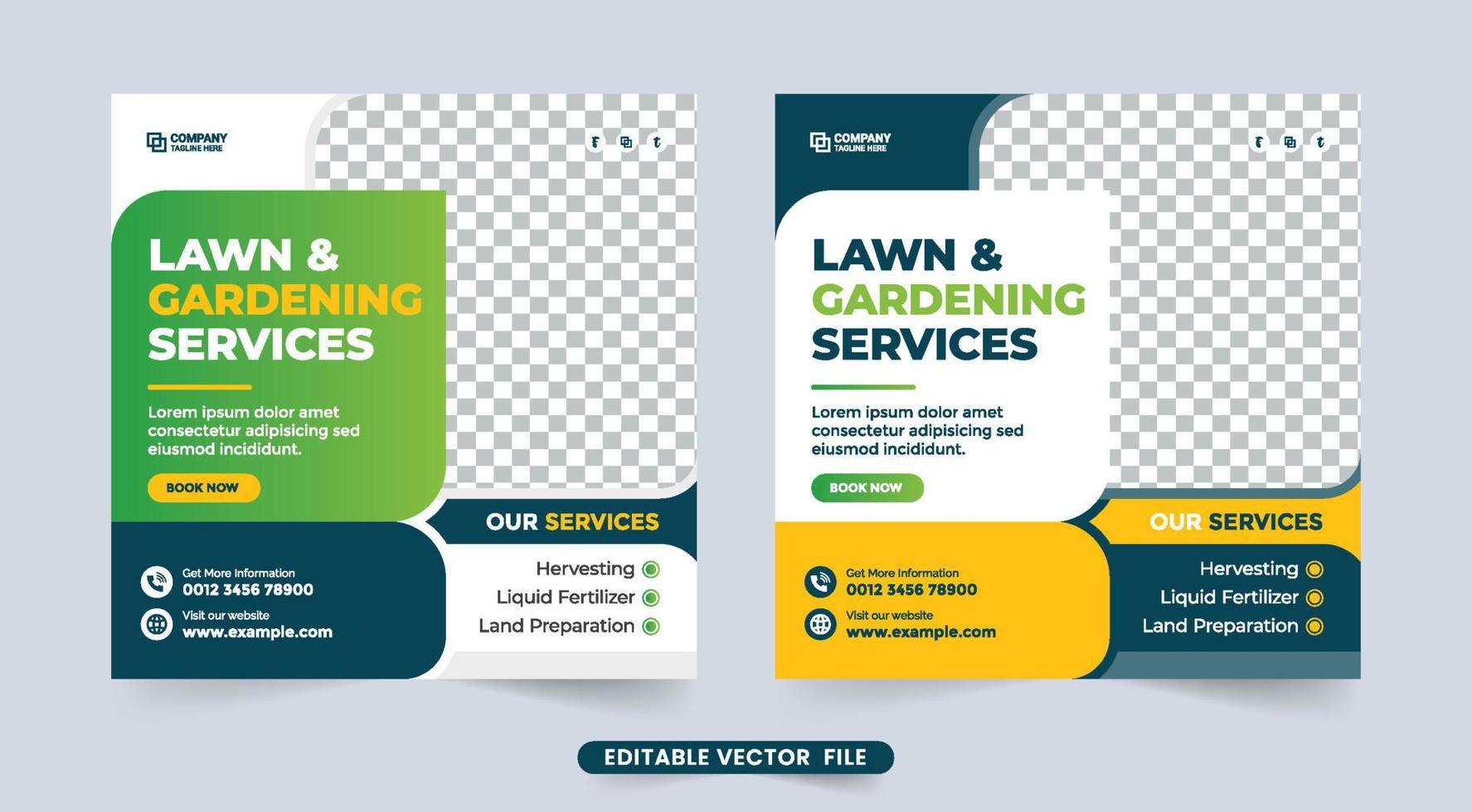 Gardening and lawn mowing service discount social media post vector. Agro farming business advertisement banner template with blue and green color. Harvesting and landscaping service flyer vector. vector
