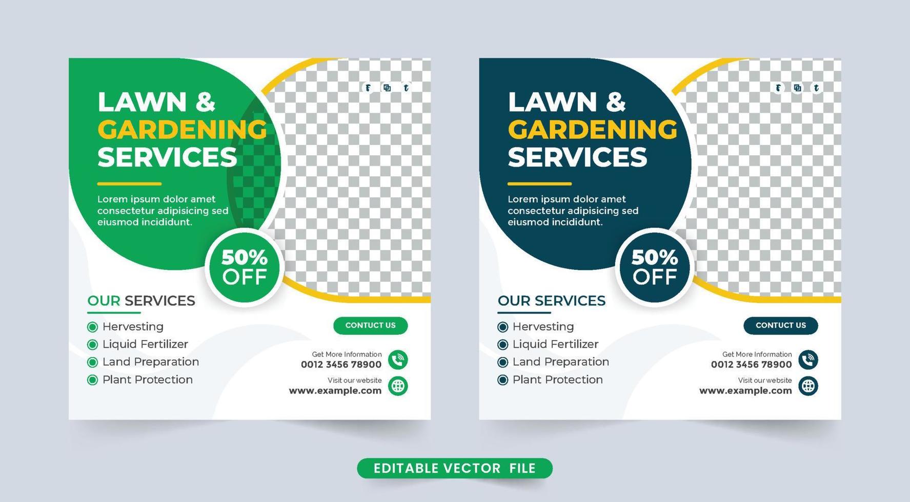 Lawn gardening service social media banner design. Agriculture and farming business advertisement flyer design. Landscaping and lawn mower service promotion social media post template vector. vector