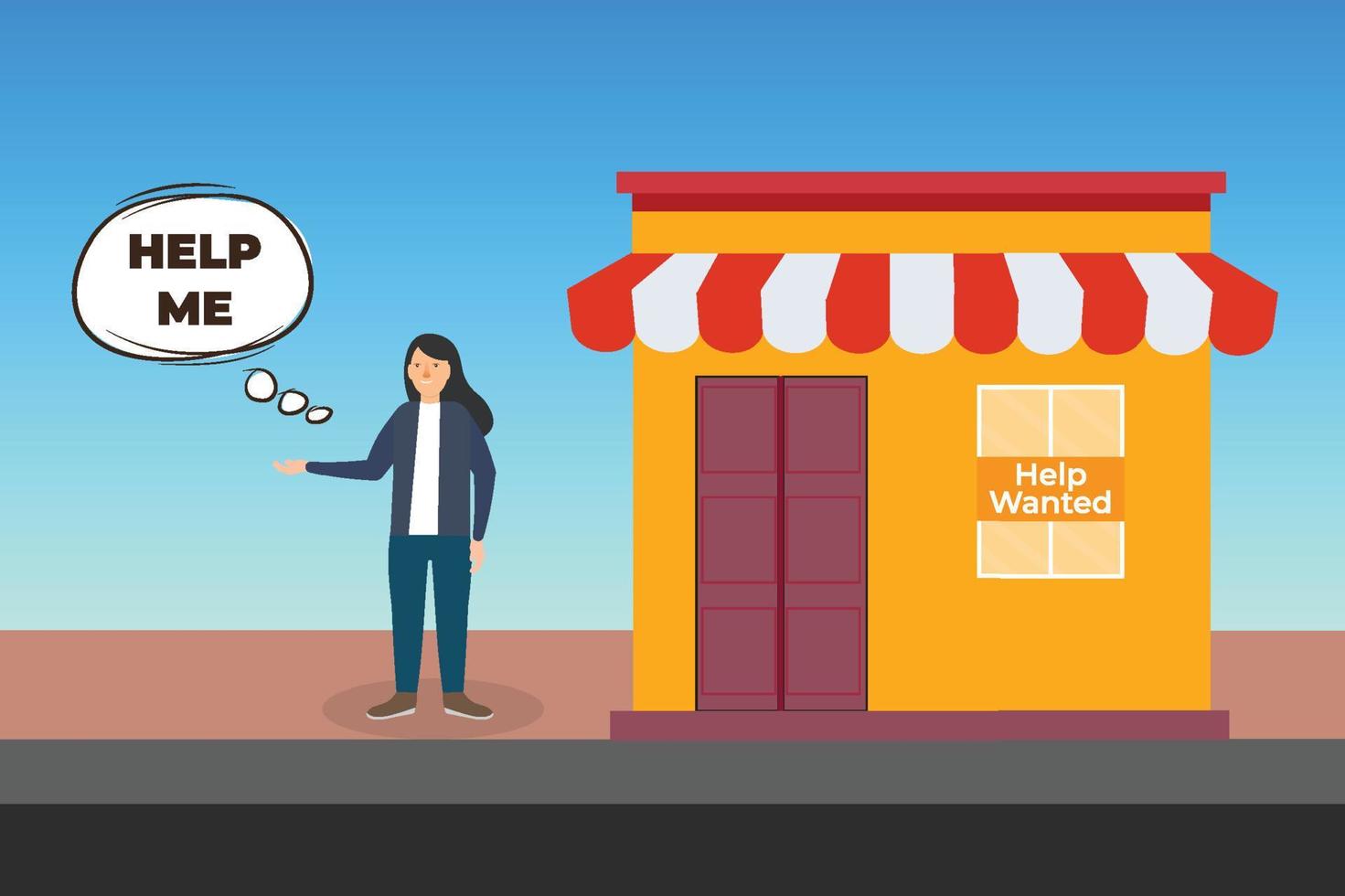 Business Woman is asking for help in front of a store vector. Flat female character illustration with a help-me text bubble. Business hiring concept with flat character design. vector