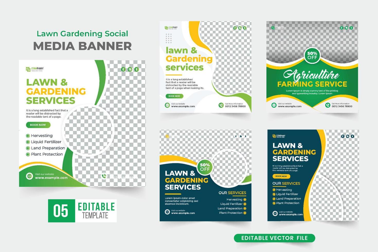 Lawn gardening social media banner template collection. Agriculture farming business service flyer set design. Gardening and lawn mower service advertisement post bundle for social media. vector