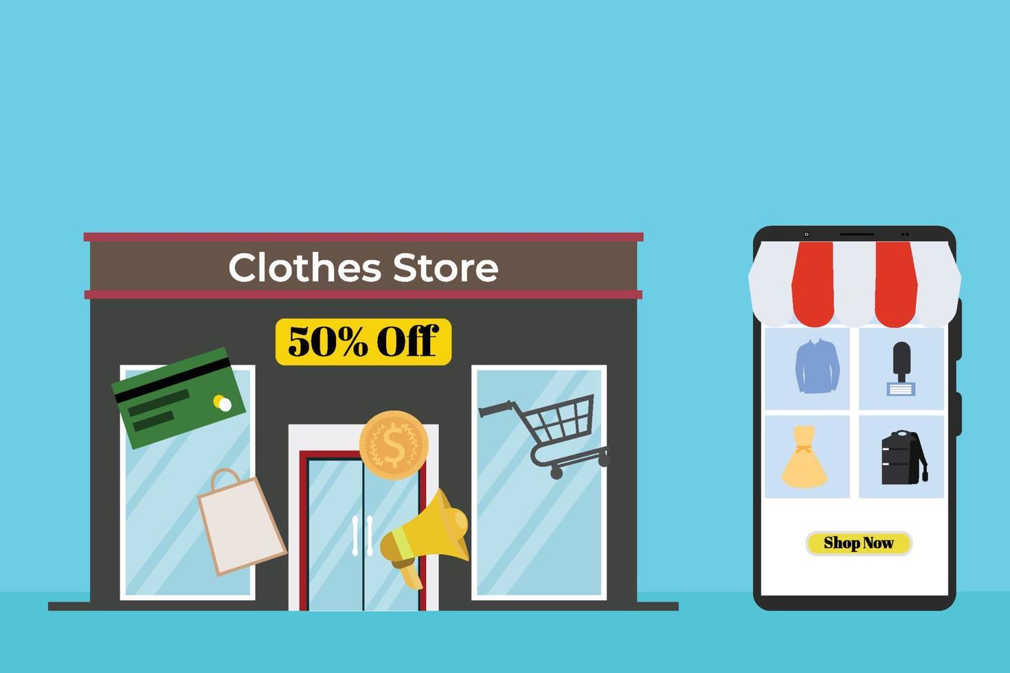 Cloth store discounts offer promotion designs with a mobile phone. Online cloth shopping discount and fifty percent off announcement vector. Digital online shop business in a smartphone illustration. vector