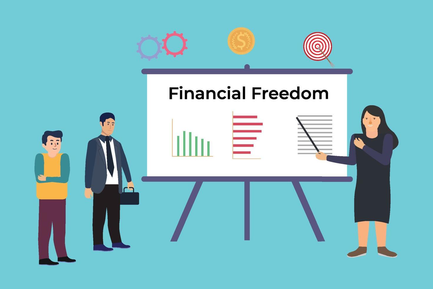 Financial freedom concept with flat character illustration. Instruction board with finance graph chart, dartboard, and gold coin. Flat female character giving commands to her employees. vector