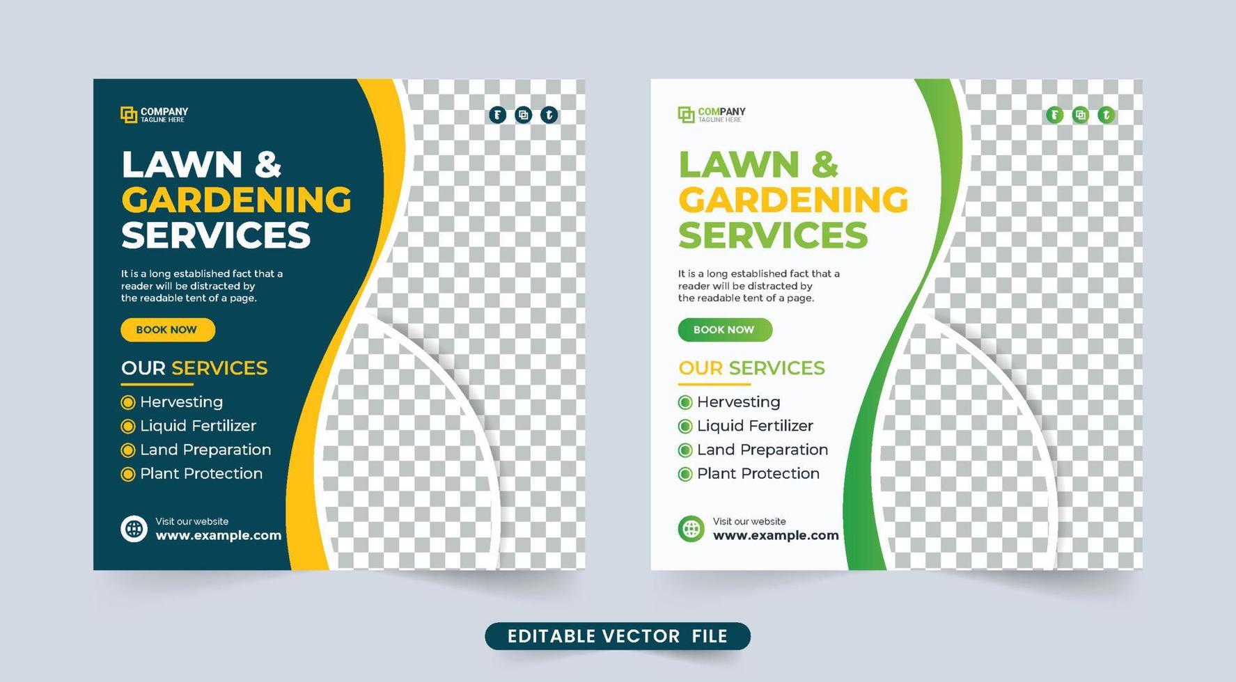 servicio de jardinería y césped diseño de publicaciones en redes sociales. diseño de volante de servicio de limpieza de jardines y corte de césped con colores verde, amarillo y azul. Banner de redes sociales del servicio de cosecha agrícola agrícola. vector