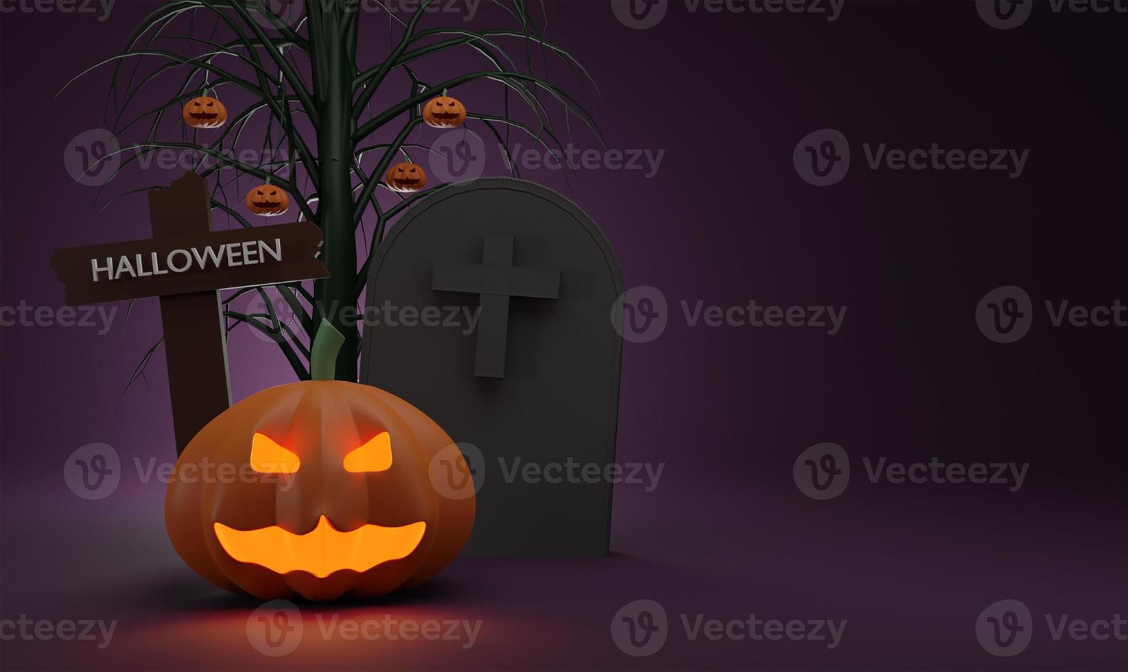 concepto fantasma de calabaza de halloween feliz con crucifijo y tumba, en el fondo del árbol nocturno. representación 3d foto