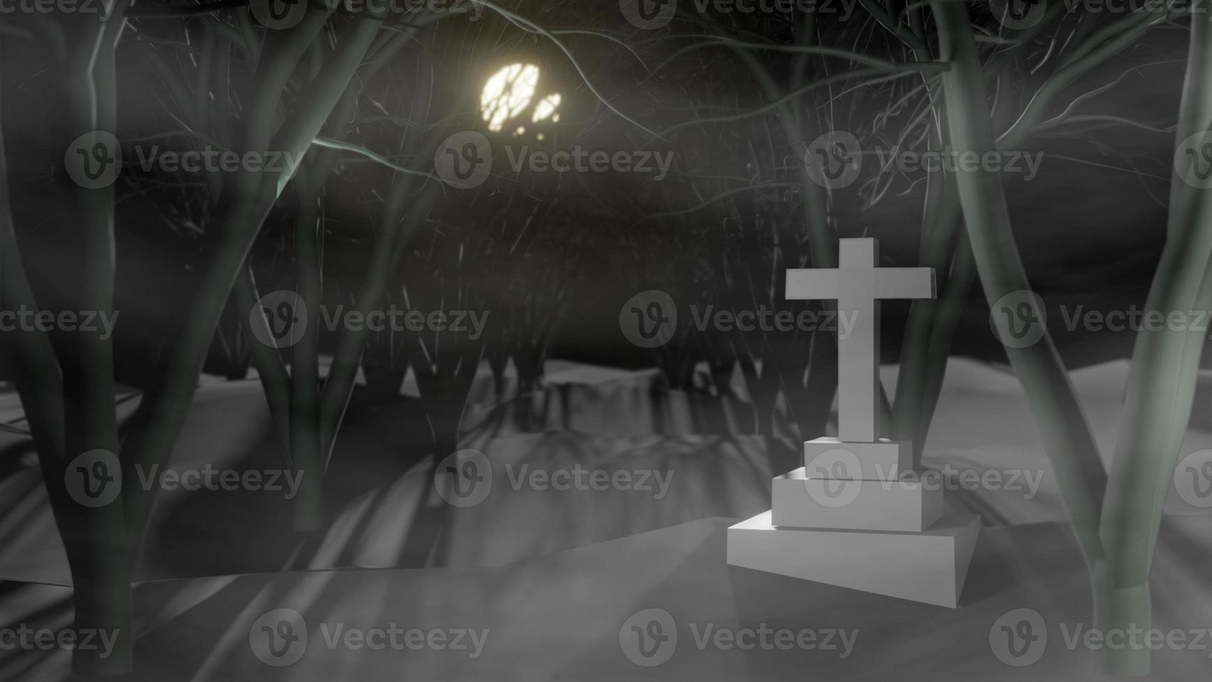Concept Happy Halloween with crucifix and grave, In the night tree forest background. 3d rendering photo
