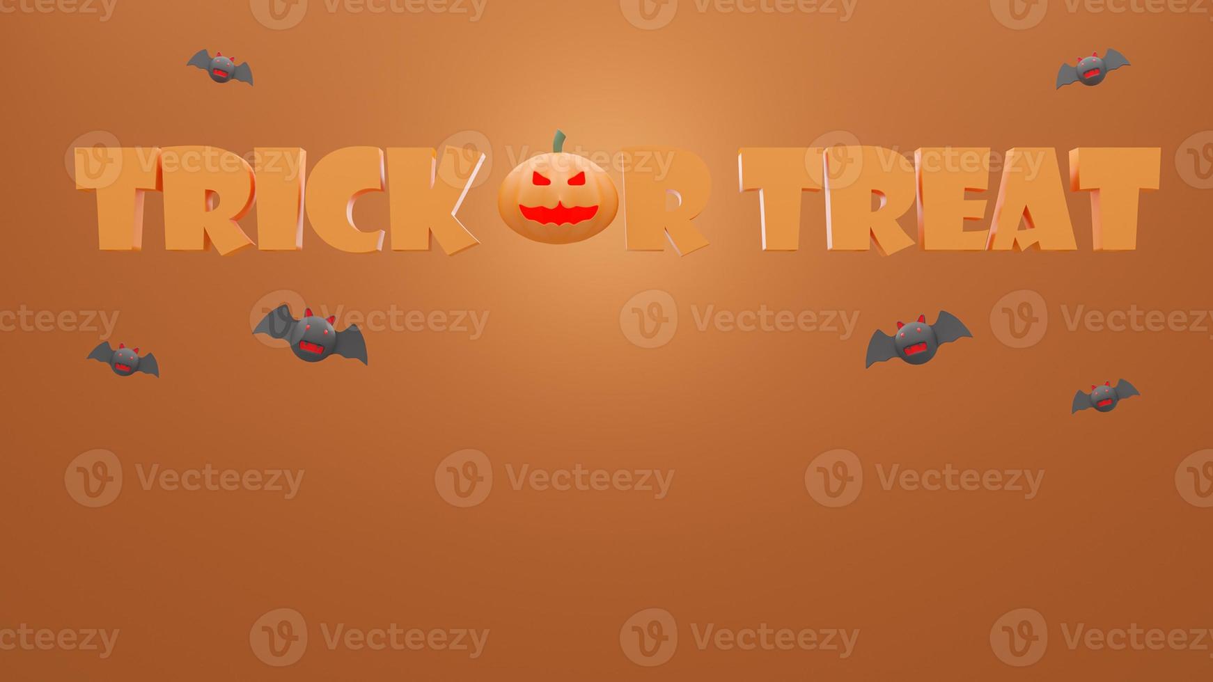 feliz halloween, concepto de truco o trato logo 3d con dibujos animados de murciélago y fantasma de calabaza sobre fondo naranja. representación 3d foto