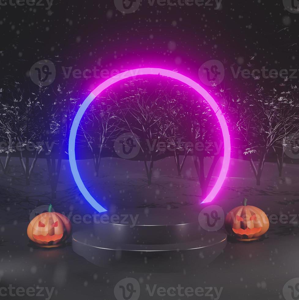 feliz halloween, podio de presentación de producto conceptual con fantasma de neón y calabaza, en el fondo del bosque de árboles nocturnos. representación 3d foto