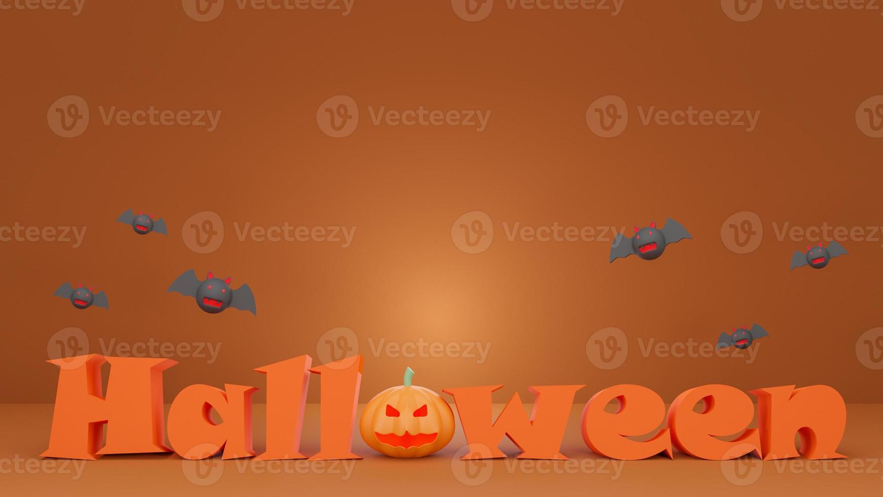 feliz halloween, concepto logotipo de halloween 3d con dibujos animados de murciélagos sobre fondo naranja. representación 3d foto