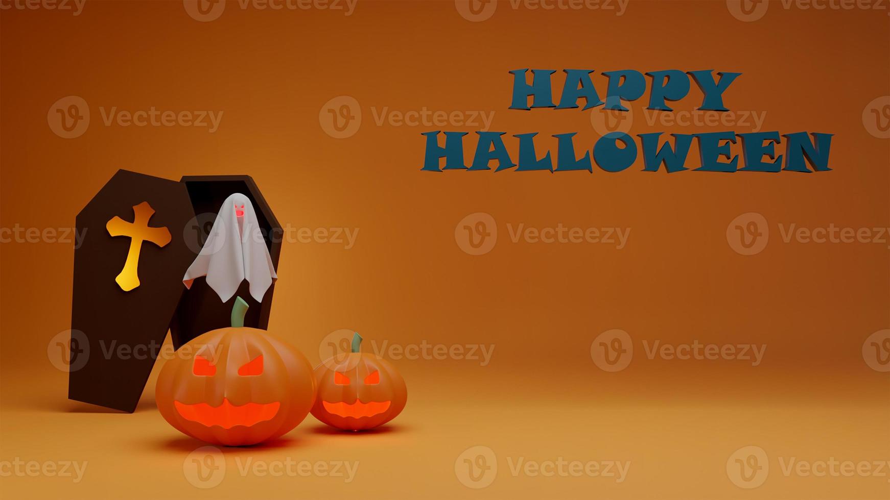 feliz fiesta de halloween cartel pancarta fantasma de calabaza y ataúd, fantasma con niebla. representación 3d foto