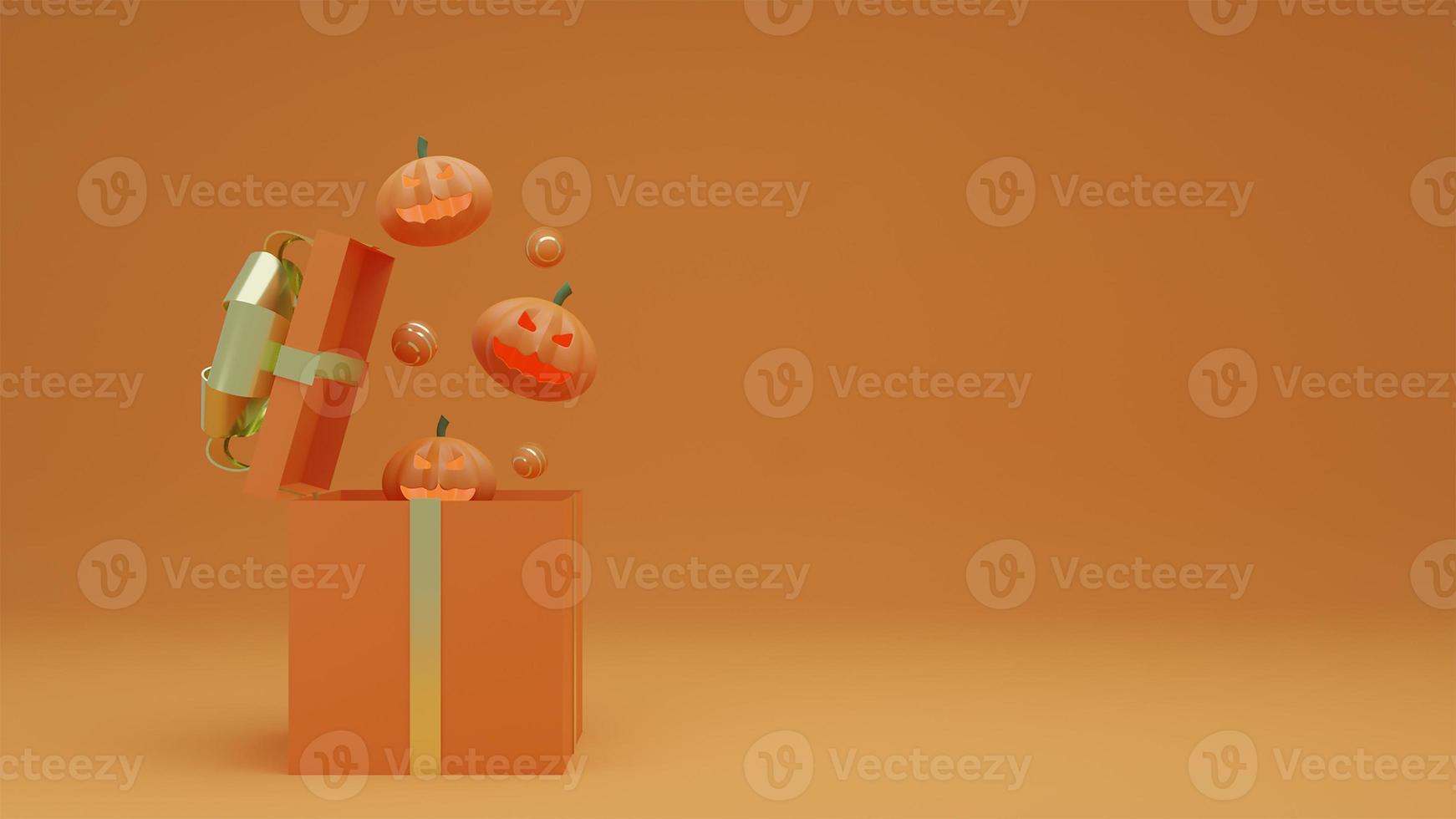 feliz halloween, concepto de caja de regalo abierta y fantasma de calabaza con fondo de tono naranja. representación 3d foto