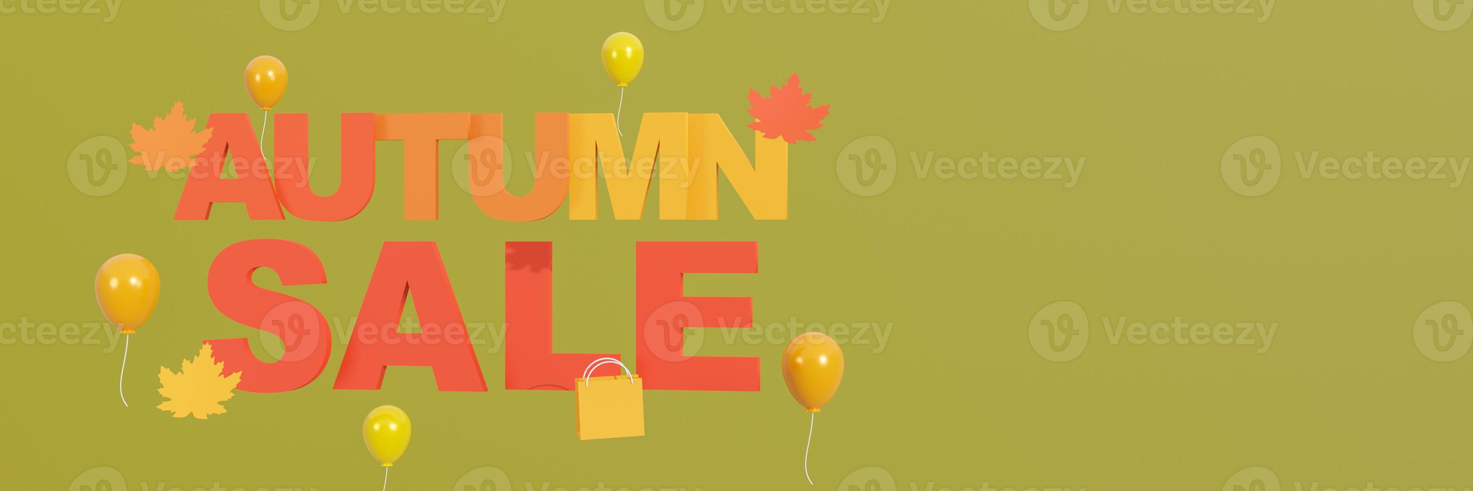 Text Autumn Sale Background, Concept banner, poster or flyer design, Template for advertising, web, social and fashion ads with shopping bag and ballons on green background. 3d rendering photo