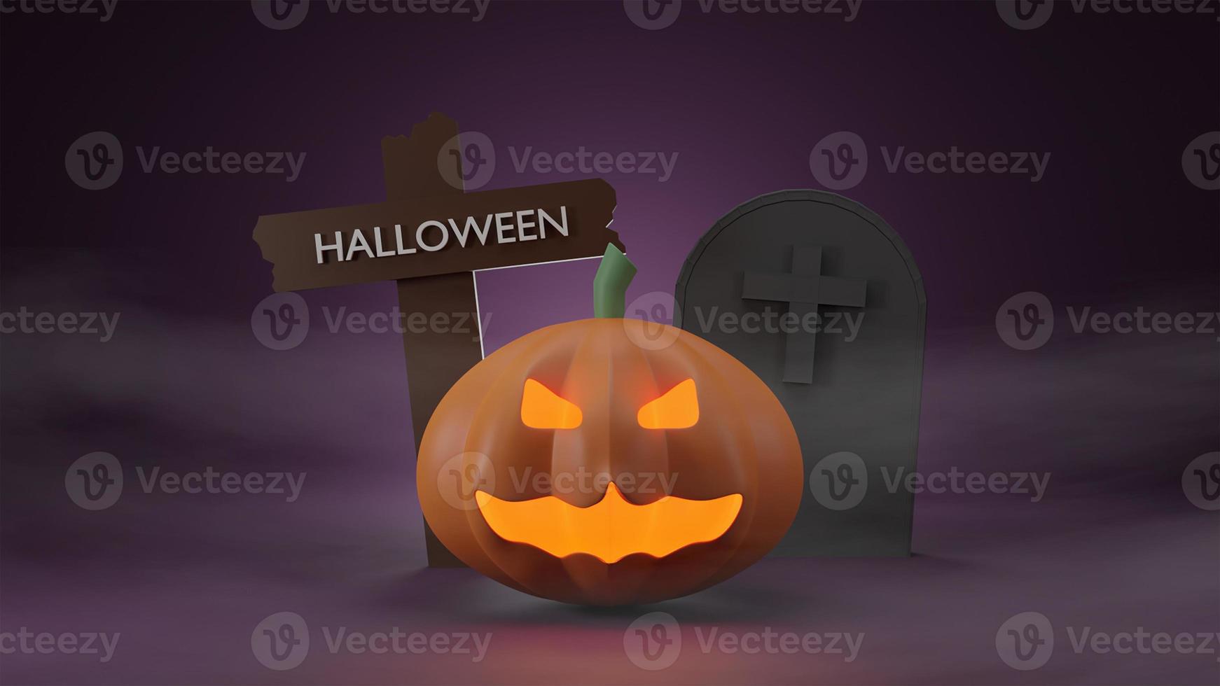 Happy halloween party poster banner  pumpkin ghost and crucifix ,Grave with mist. 3d rendering photo