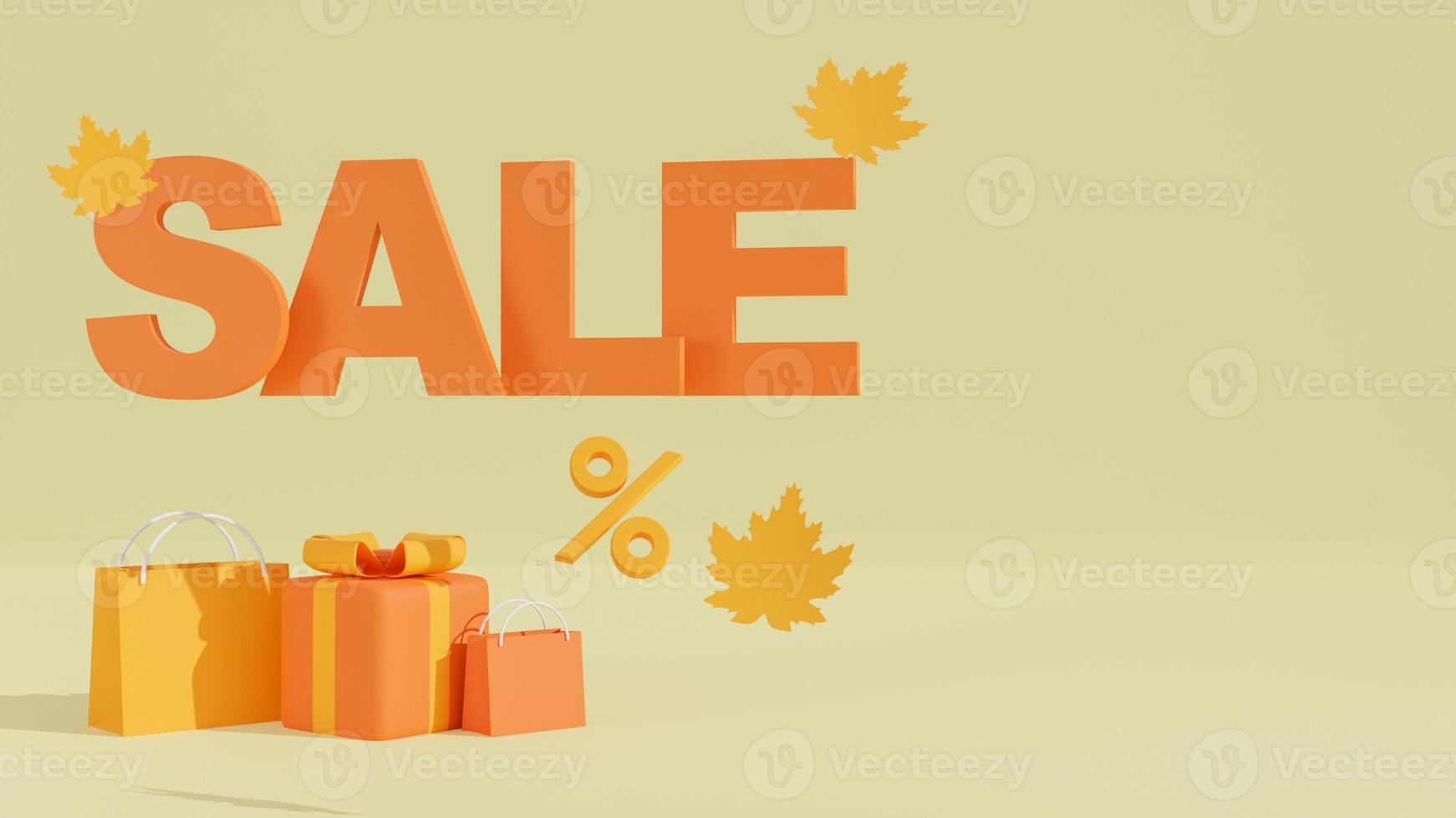 representación 3d fondo de venta de otoño, banner conceptual, diseño de afiches o volantes, plantilla para anuncios publicitarios, web, sociales y de moda con bolsa de compras y caja de regalo sobre fondo amarillo claro. foto