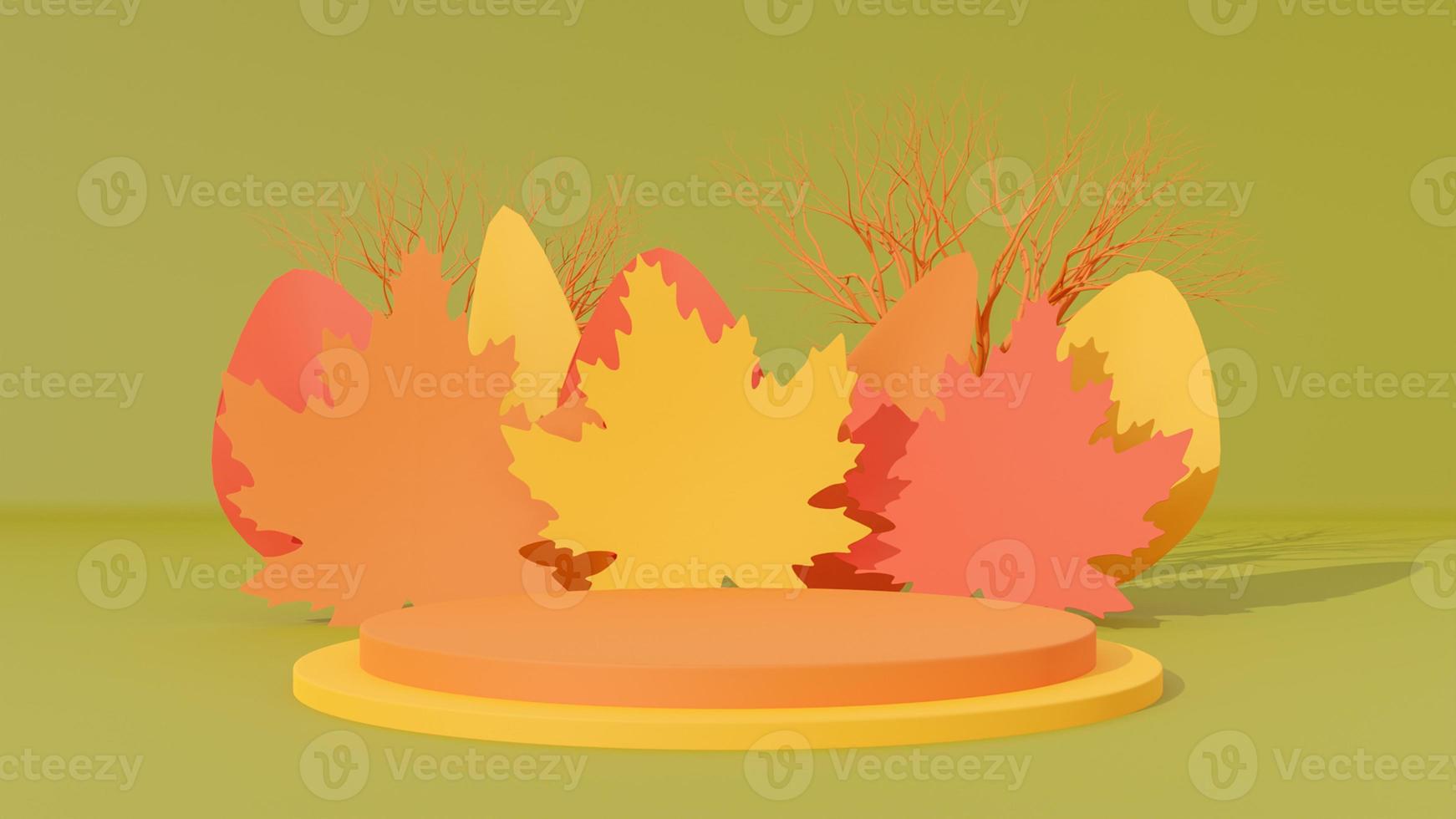 Autumn background, Concept product presentation podium with autumn leaves and tree on light green background. 3d rendering photo