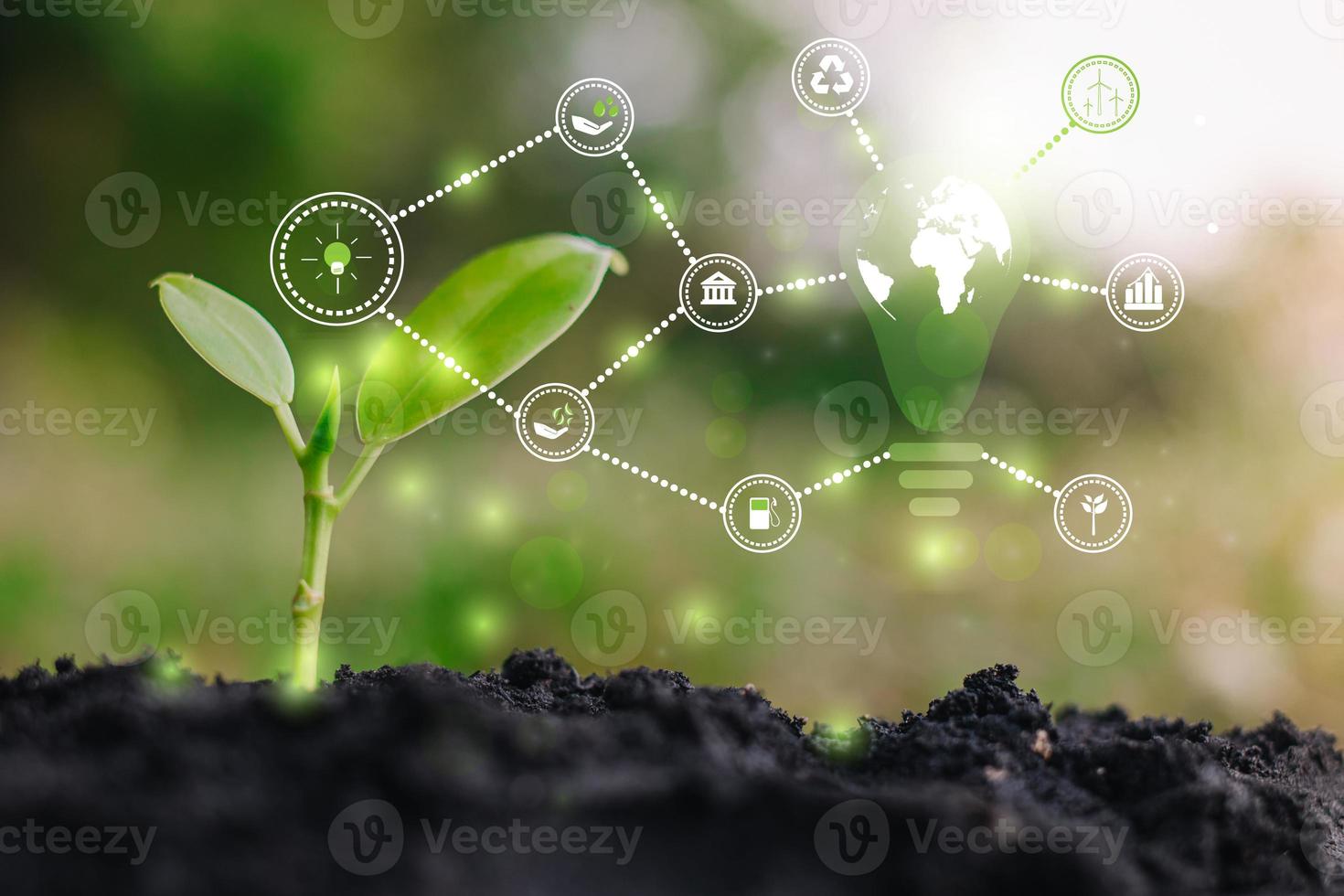 ESG icon concept circulating environment, society and governance. Esg. in sustainable business on networked connections on green background. photo