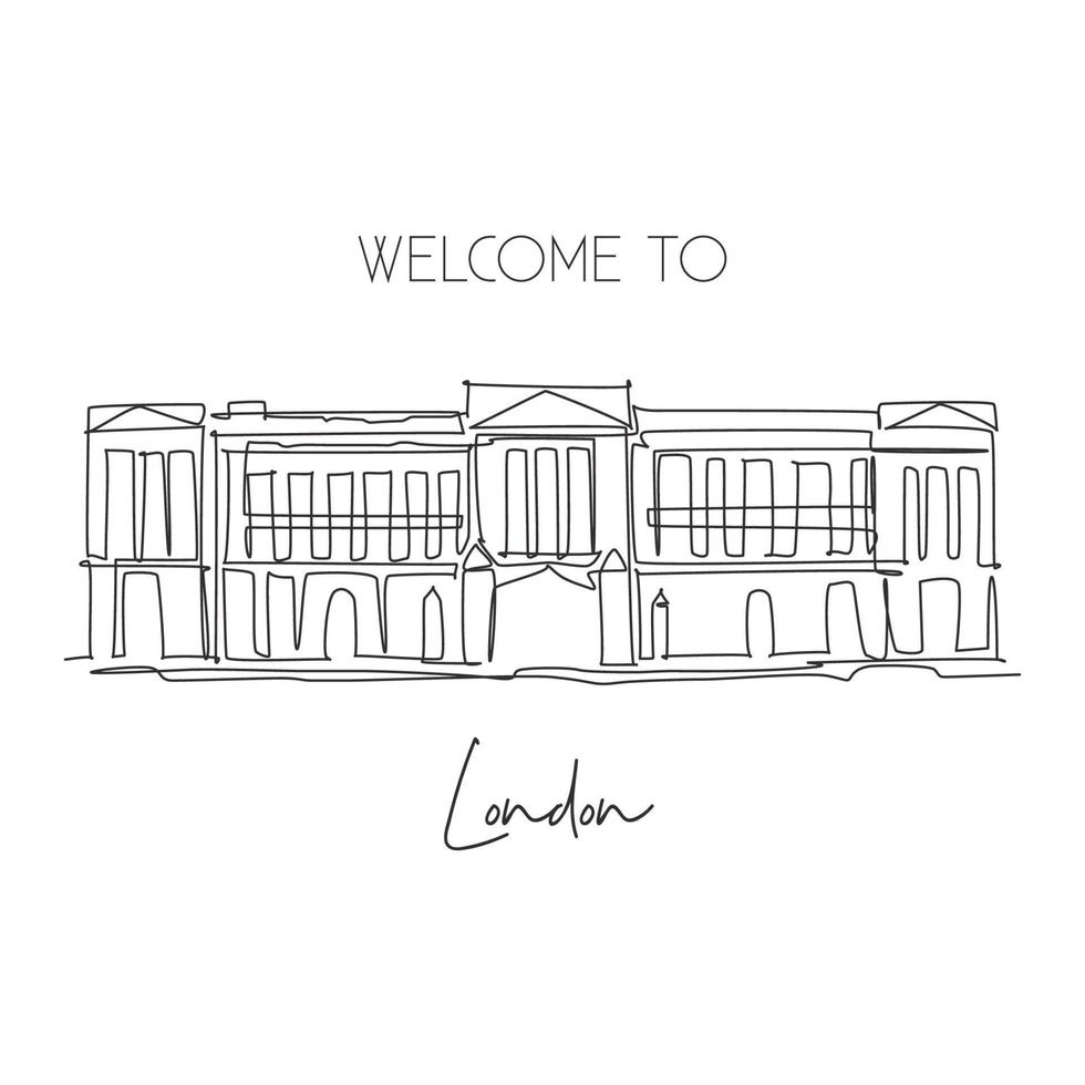 Single continuous line drawing Buckingham Palace landmark. Beautiful famous place in London, UK. World travel home decor wall art poster print concept. Modern one line draw design vector illustration