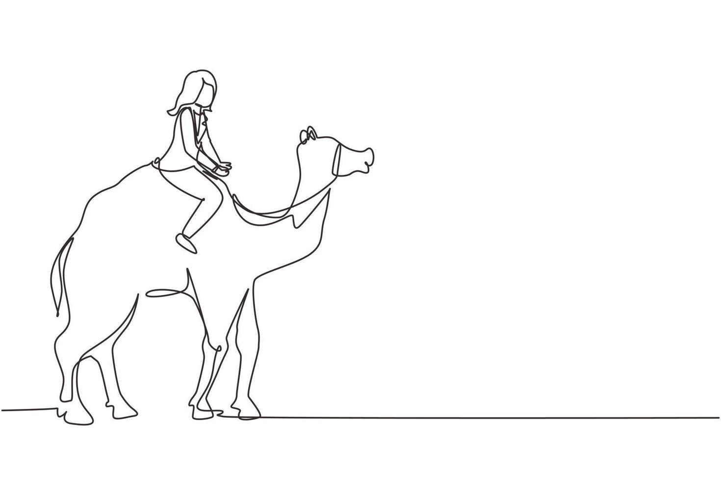 Continuous one line drawing Arabian businesswoman riding camel. Investment, bullish stock market trading, rising bonds trend. Successful business woman trader. Single line draw design vector graphic