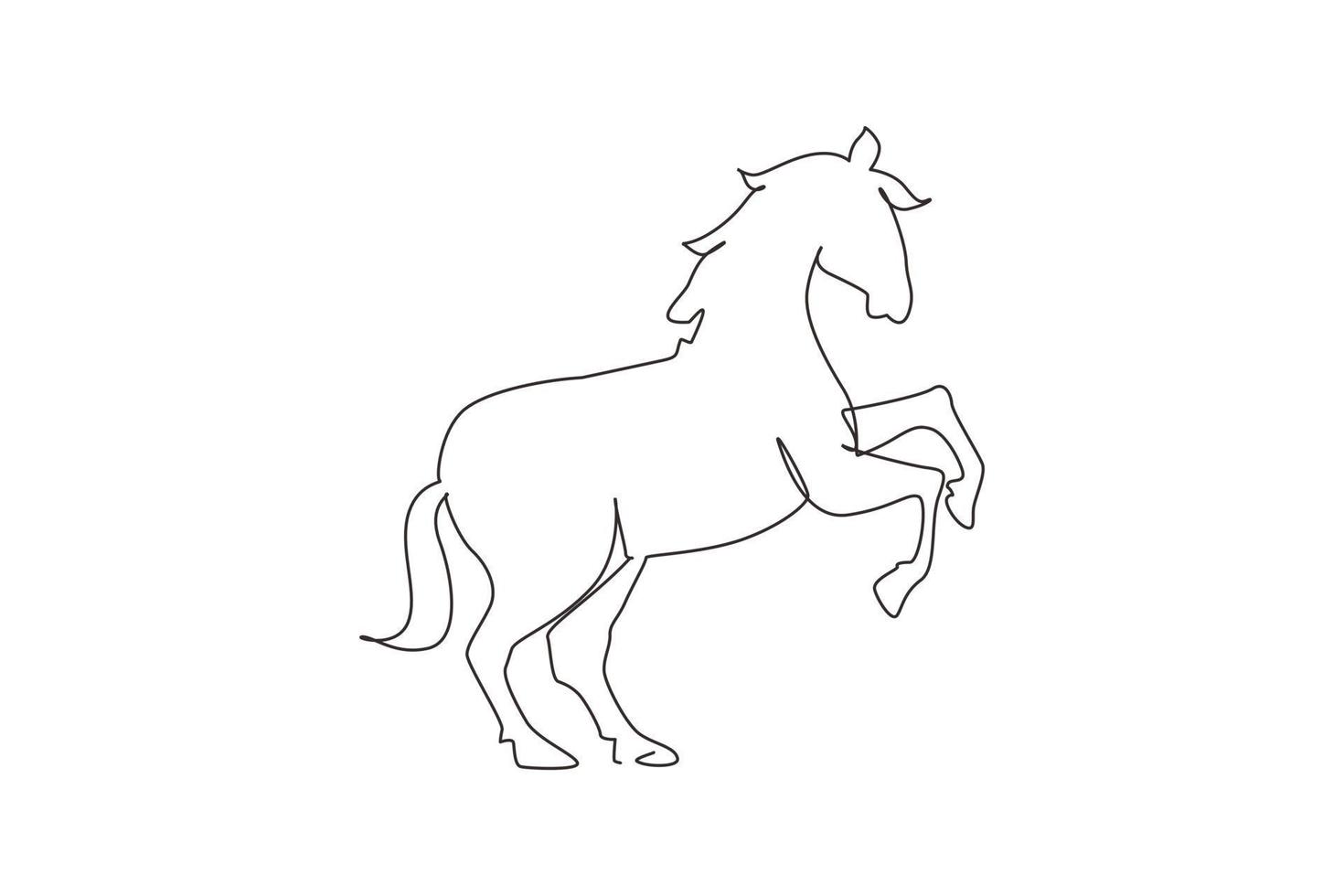 dibujo de una sola línea continua orgulloso caballo blanco camina con gracia con su pezuña delantera hacia adelante. mustang salvaje galopa en la naturaleza libre. mascota animal fuerte. ilustración de vector de diseño gráfico de una línea