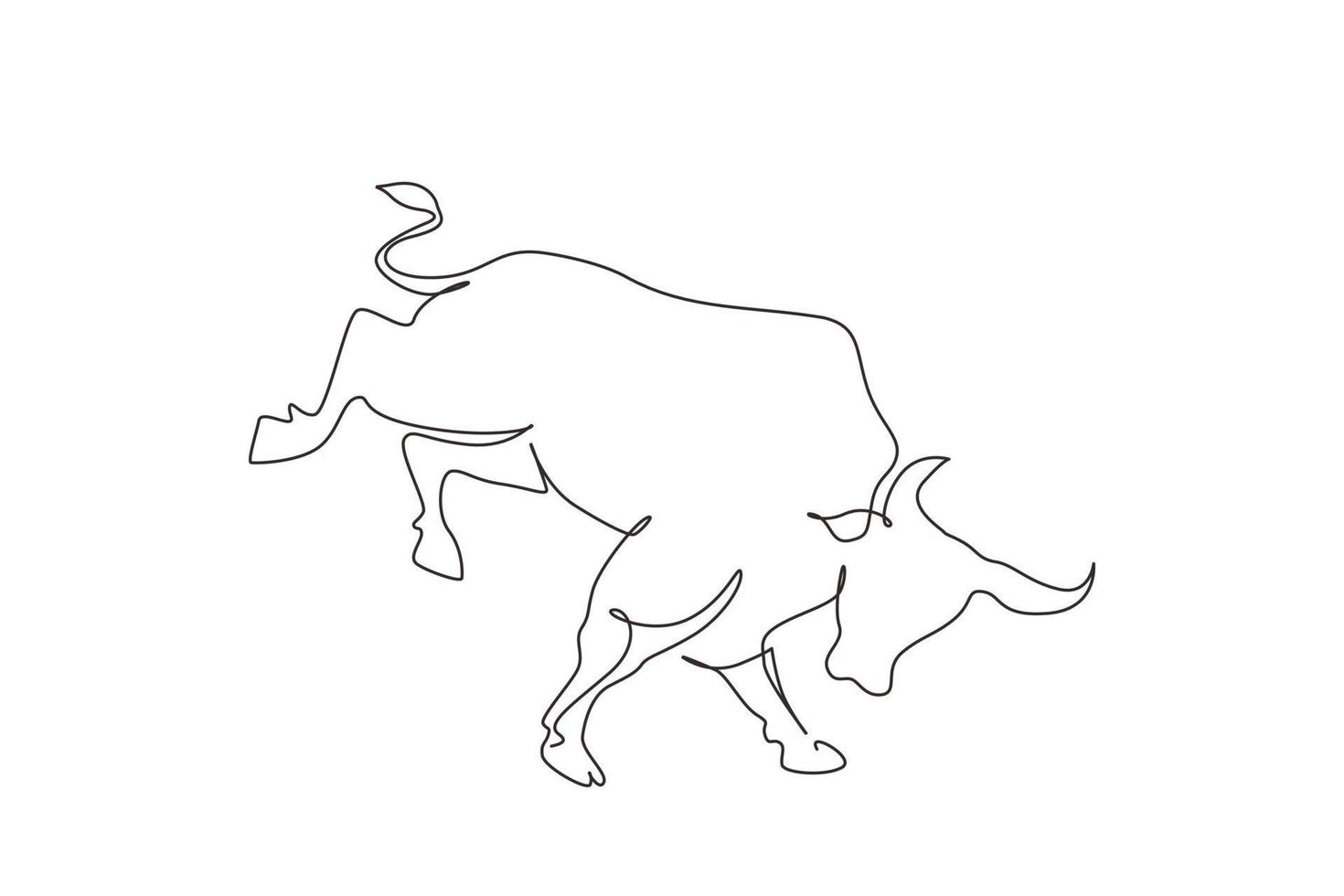 Single continuous line drawing wild bull attack. Elegance buffalo for conservation national park logo identity. Big strong bull mascot concept for rodeo show. One line draw graphic design vector