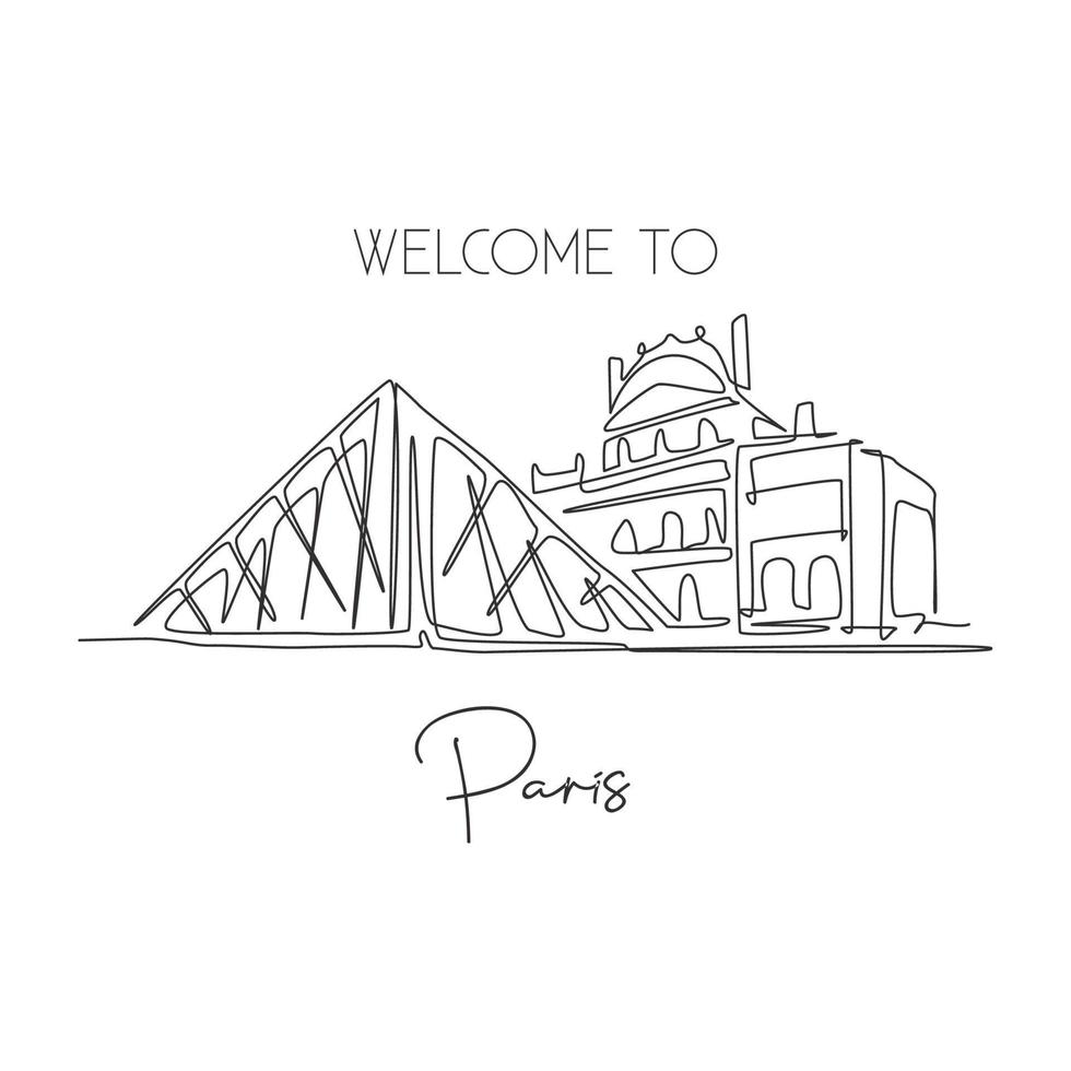 Depok, Indonesia - August 5, 2019 Single continuous line drawing of welcome to Musee du Louvre or Louvre Museum. Beautiful famous place in Paris, France. World travel concept. Vector illustration