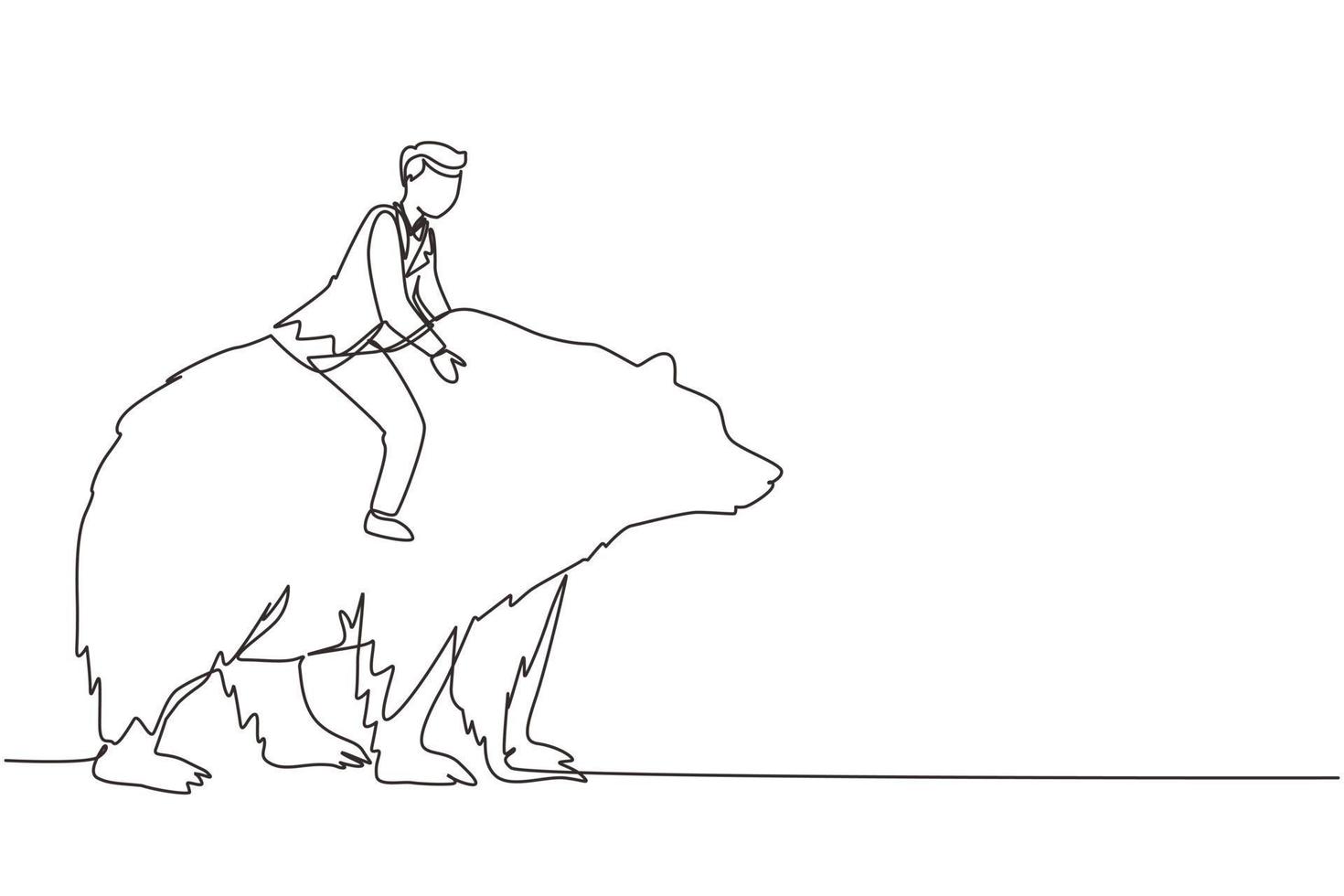Continuous one line drawing businessman rides on bear in stock market trading concept. stock market analysis, business and investment, stock exchange. Single line design vector graphic illustration