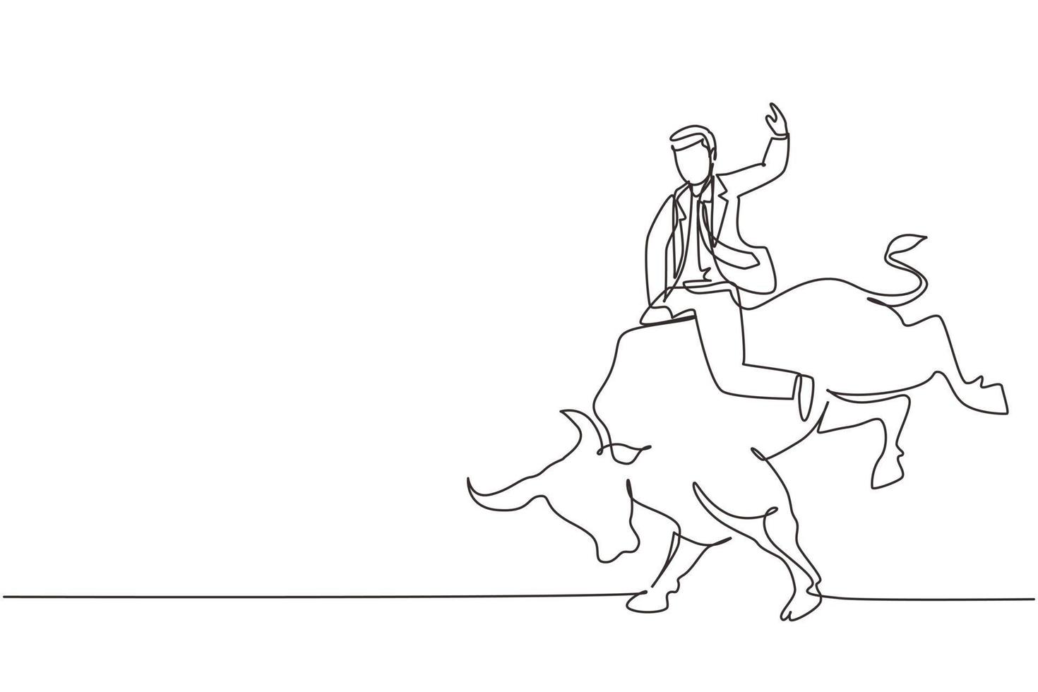 Continuous one line drawing businessman riding unicorn bull. Investment, bullish stock market trading, rising bonds trend. Successful business man. Single line draw design vector graphic illustration