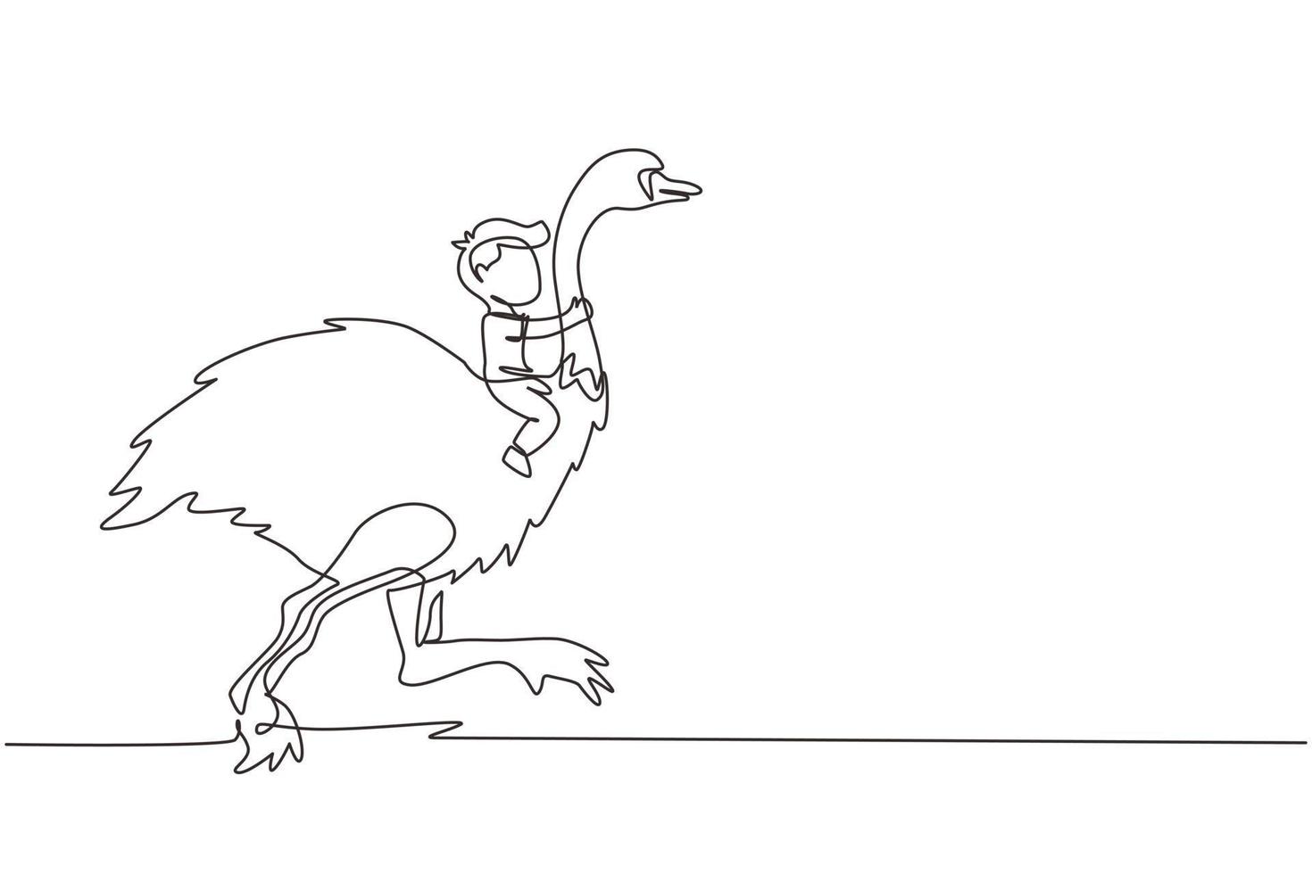 Single continuous line drawing happy little boy riding cute ostrich. Child sitting on back ostrich with holding its neck. Kid learning to ride ostrich. One line draw graphic design vector illustration