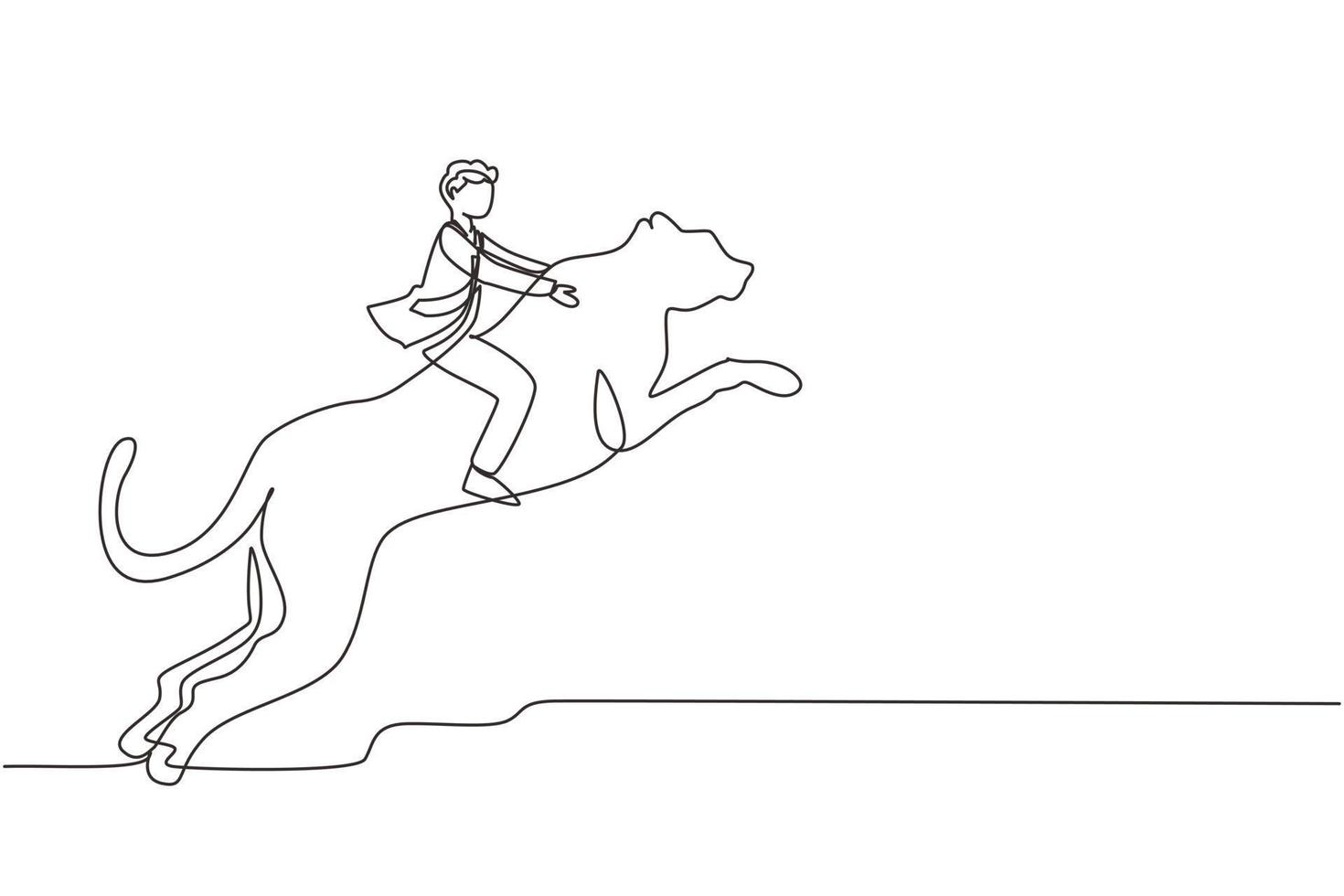 Single one line drawing businessman riding cheetah symbol of success. Business metaphor concept, looking at the goal, achievement, leadership. Continuous line draw design graphic vector illustration