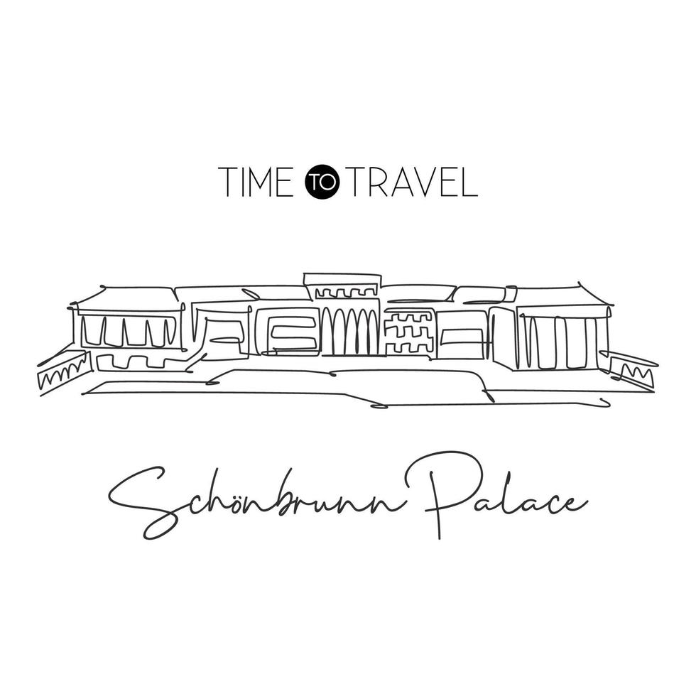 Single continuous line drawing Schonbrunn Palace landmark. Most beautiful place in Hietzing, Vienna. World travel home wall decor poster print concept. Simple one line draw design vector illustration
