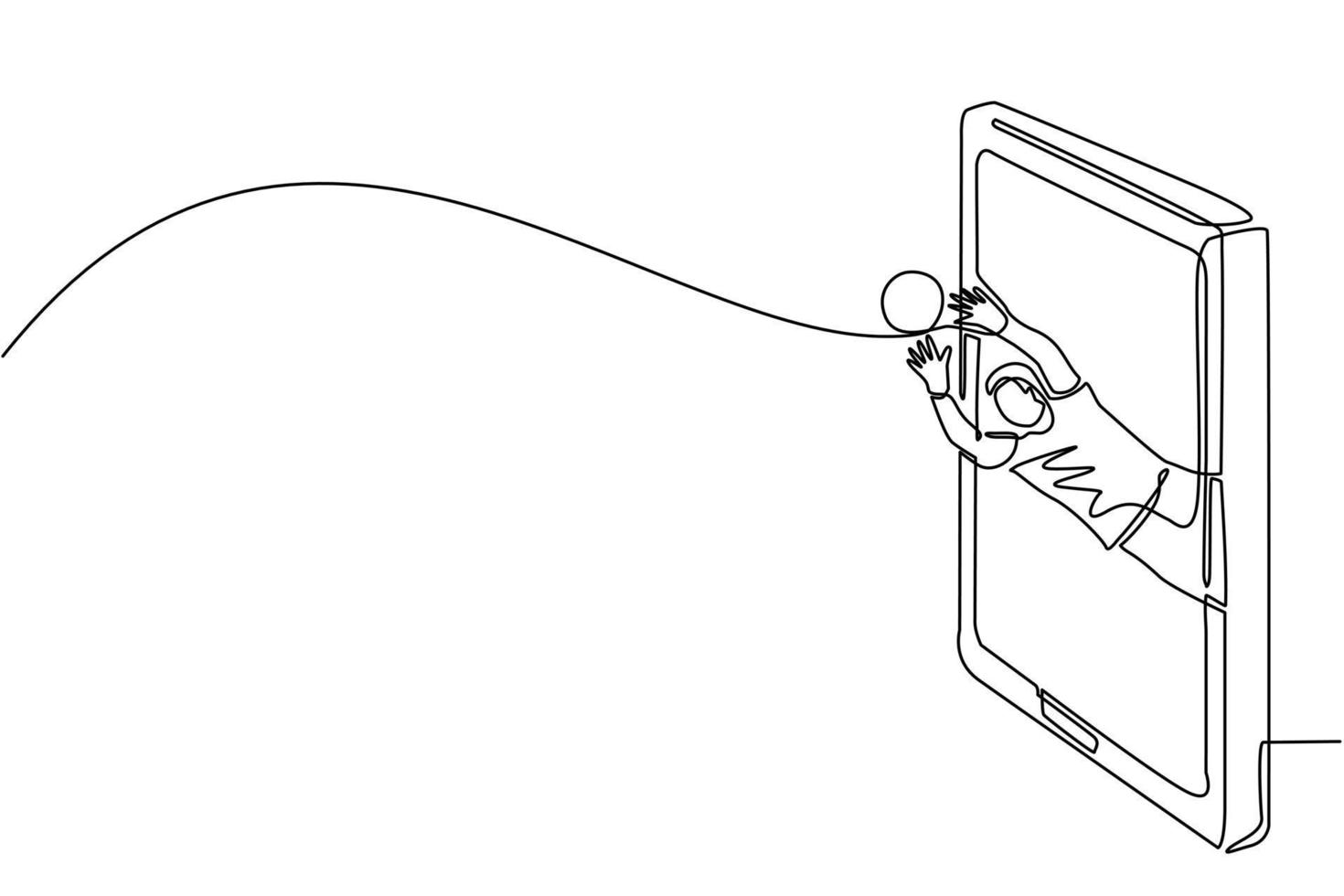 meta de ahorro de portero de dibujo de una sola línea en la pantalla del teléfono inteligente. jugador de fútbol en acción. jugador de fútbol. posición de defensa del portero. salvar penalti. vector gráfico de diseño de dibujo de línea continua