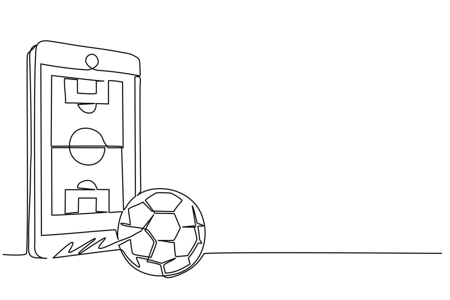 Single continuous line drawing smartphone with app soccer football field and ball. Mobile sport stream championship to play