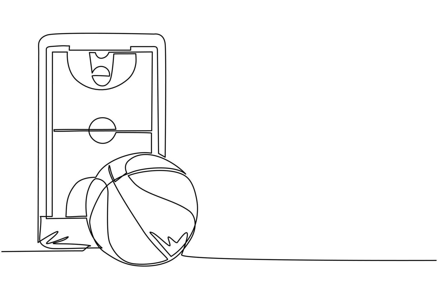 Continuous one line drawing smartphone with app basketball court and ball. Online basketball games. Smartphone applications. Mobile basketball. Single line draw design vector graphic illustration