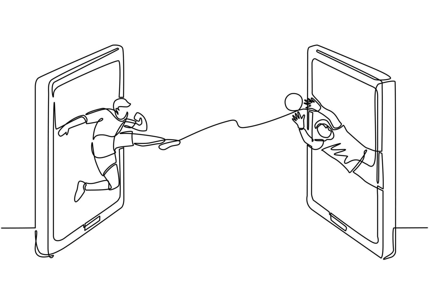 jugador de fútbol de dibujo de una sola línea pateando la pelota, portero salvando el gol en la pantalla del teléfono inteligente. juegos de fútbol en línea. aplicaciones para teléfonos inteligentes. fútbol móvil. vector de diseño de dibujo de línea continua