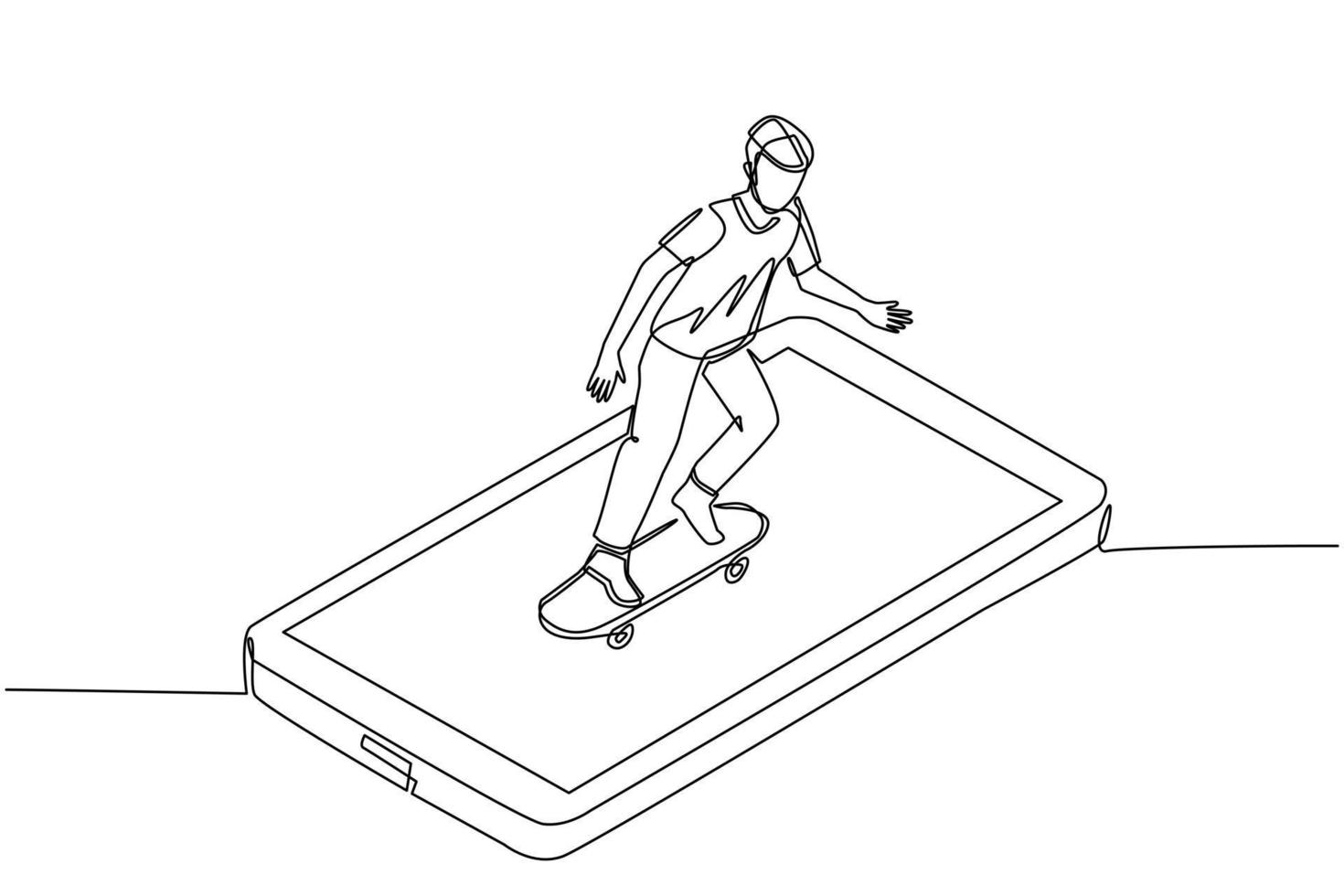 dibujo continuo de una línea joven montando monopatín en la pantalla del teléfono inteligente. patinador masculino con estilo en ropa casual. chico genial se mueve por la ciudad, haciendo actividades al aire libre. vector de diseño de dibujo de una sola línea