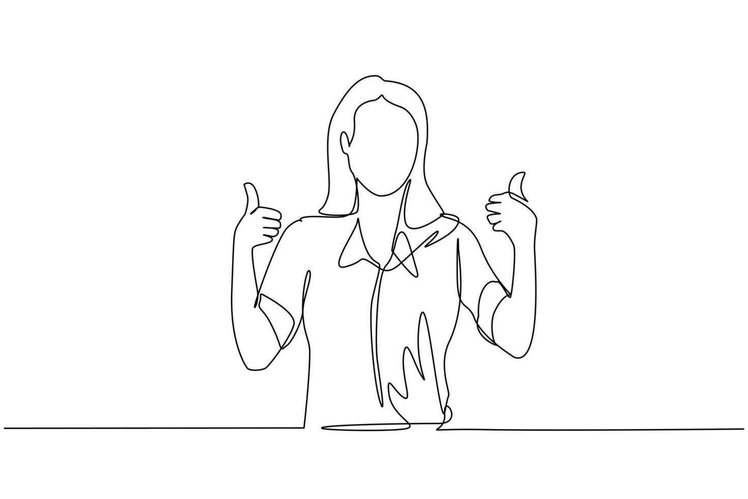 Single one line drawing confident businesswoman thumbs up. Excited female dressed in casual wear showing thumbs up sign. Deal, like, agree, approve, accept. Continuous line draw design graphic vector