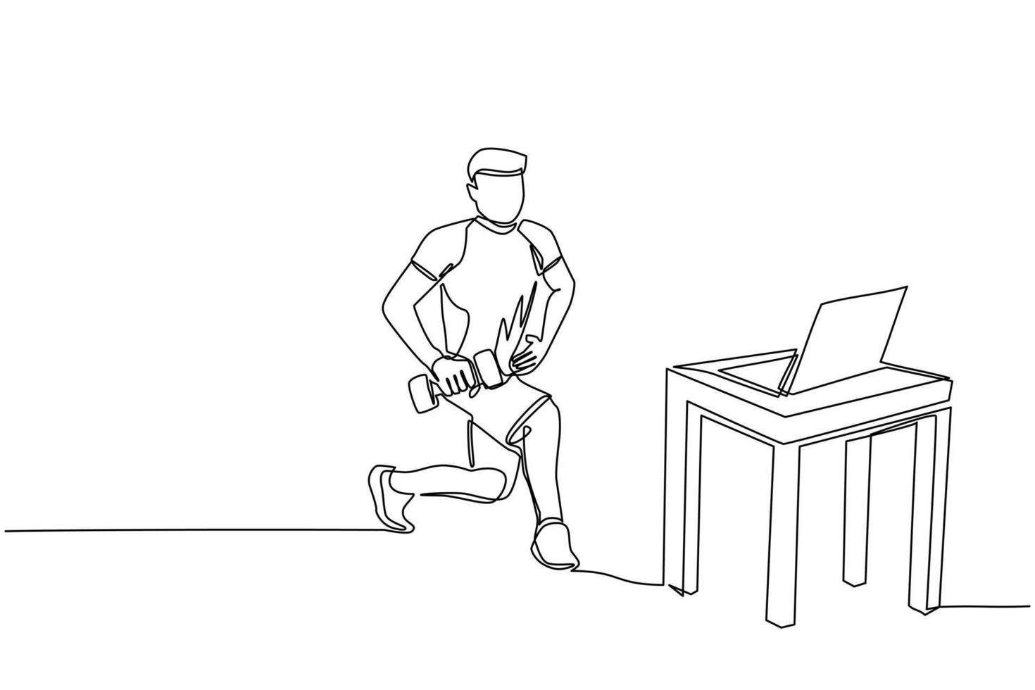 Single one line drawing man doing fitness at home in online classes using his laptop. Fitness online course concept. Online sports training on laptop. Modern continuous line draw design graphic vector