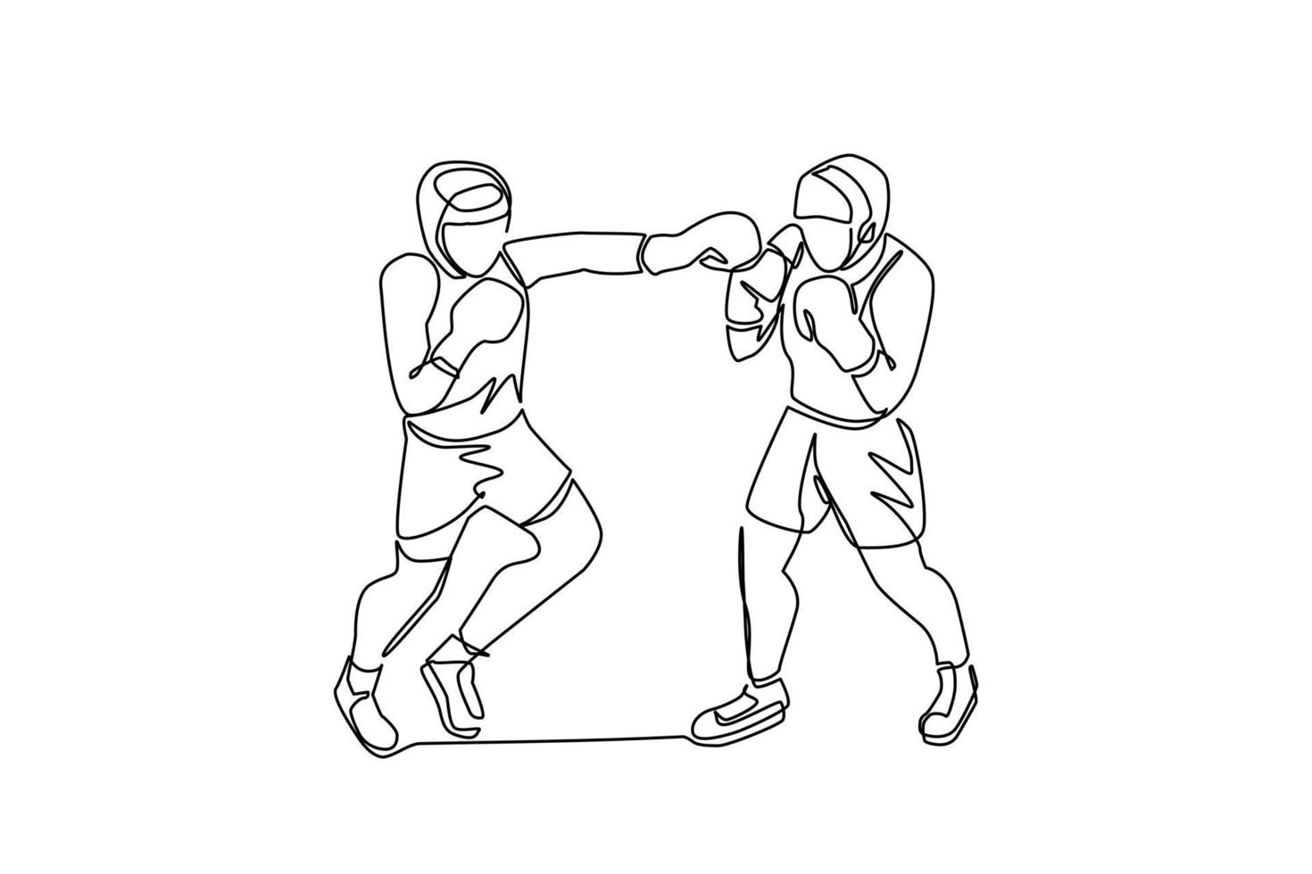 Continuous one line drawing boxers fighting on ring, opponents in shorts and gloves fight on arena with spotlights and ropes. Competition. Dangerous sport. Single line draw design vector illustration