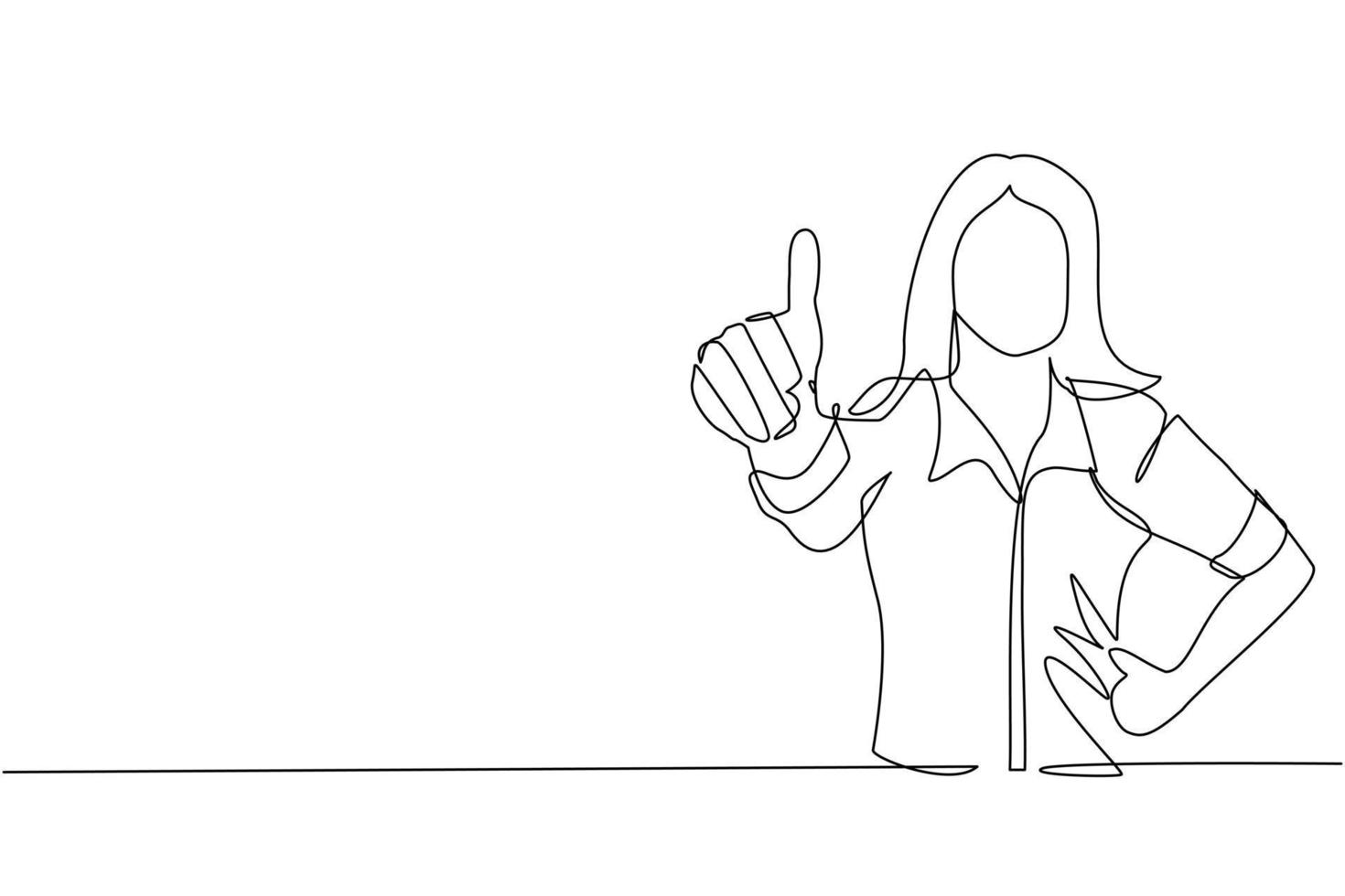 Single continuous line drawing confident businesswoman thumbs up. Excited female dressed in casual wear showing thumbs up sign. Deal, like, agree, approve, accept. One line draw graphic design vector