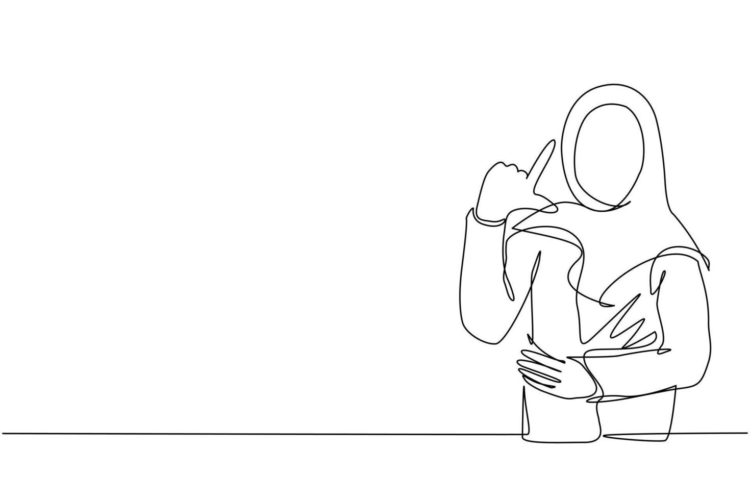 Continuous one line drawing unhappy Arabian woman showing loser sign on forehead with fingers. Stressed trendy person gesturing hand over head. Female making 'L' symbol. Single line draw design vector