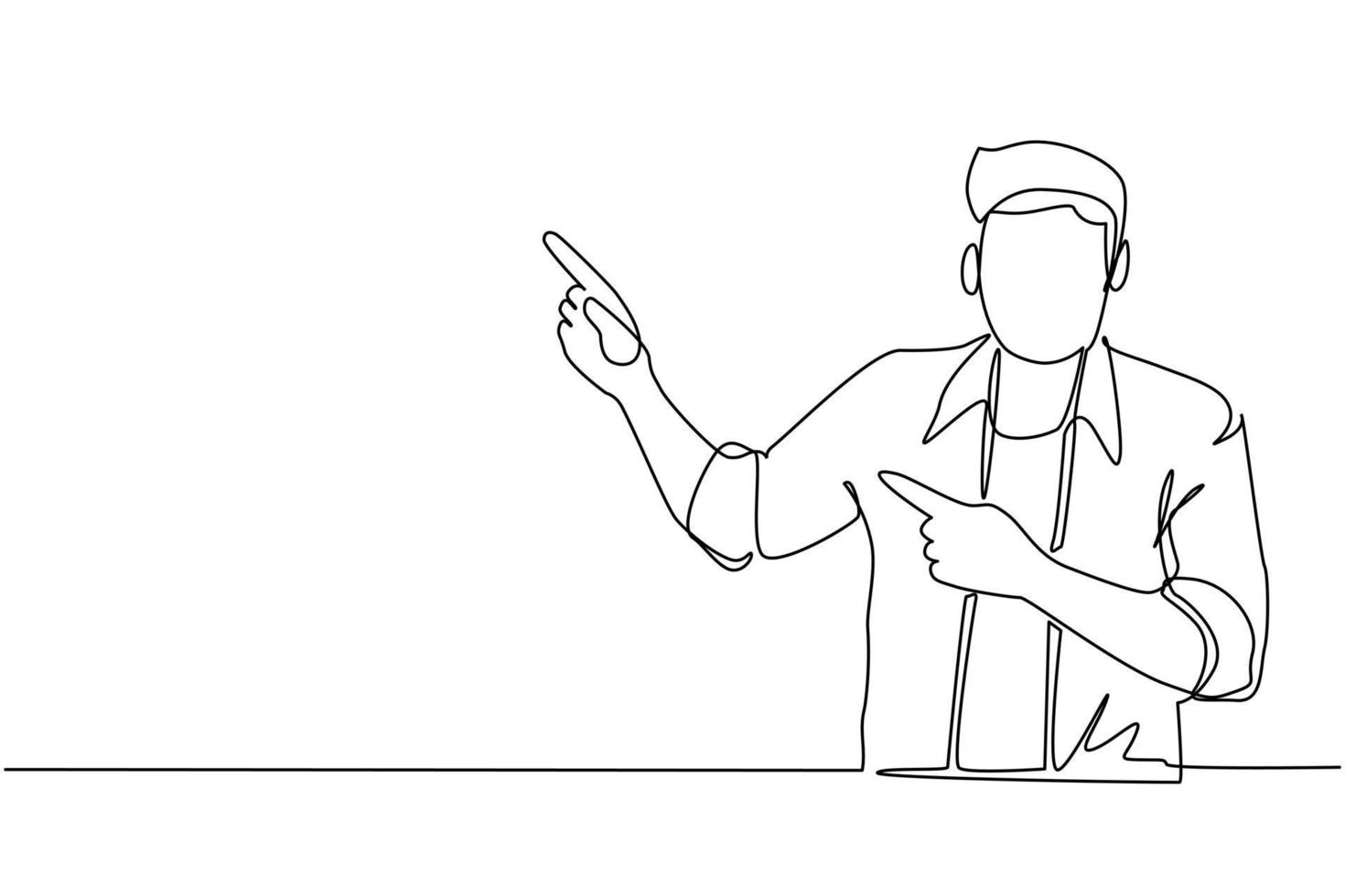 Single one line drawing young man pointing away hands together and showing or presenting something while standing and smiling. Emotion and body language. Continuous line draw design graphic vector