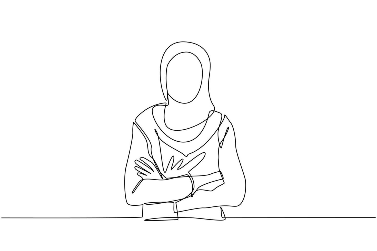 dibujo continuo de una línea sonriente mujer árabe confiada en hijab, manteniendo los brazos cruzados. empresaria activa de pie con pose de brazos cruzados. ilustración gráfica de vector de diseño de dibujo de una sola línea