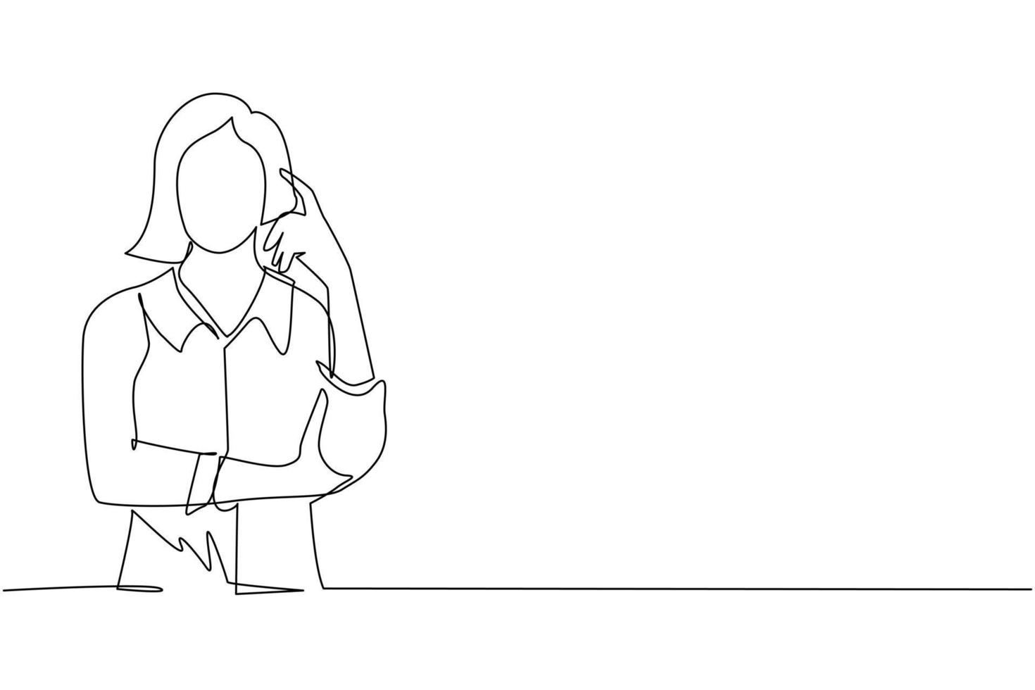 Single continuous line drawing woman touching her temples and remembering something. Female holding finger on head and feeling tired exhausted, chronic work stress. One line draw graphic design vector