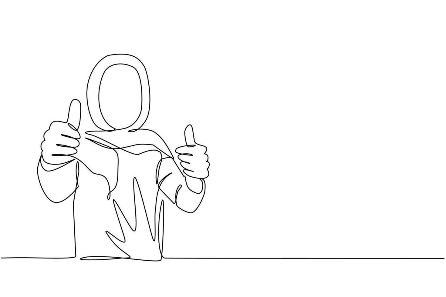 Single one line drawing confident Arab businesswoman thumbs up. Excited female dressed in hijab showing thumbs up sign. Deal, like, agree, approve, accept. Continuous line draw design graphic vector