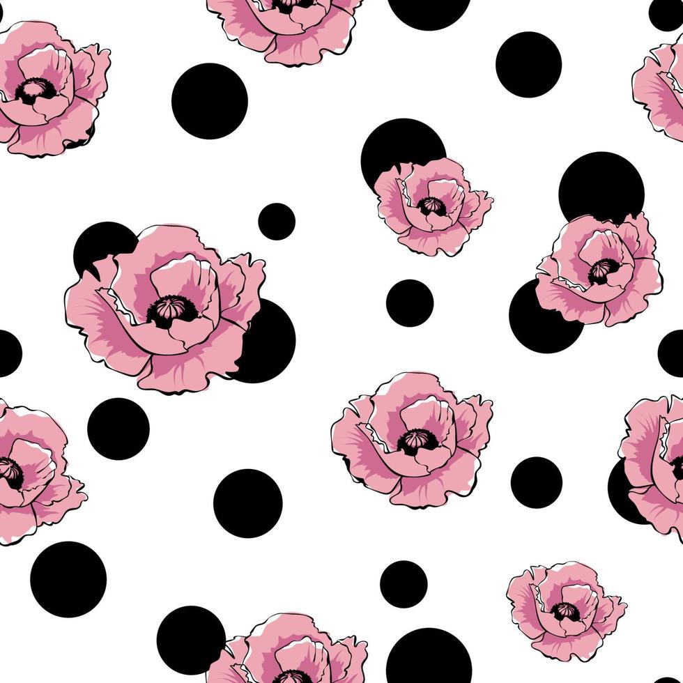 Vector pink poppy flowers and black dots. Art floral seamless pattern. Hand drawn retro texture for design, textile, wallpaper, wrapping