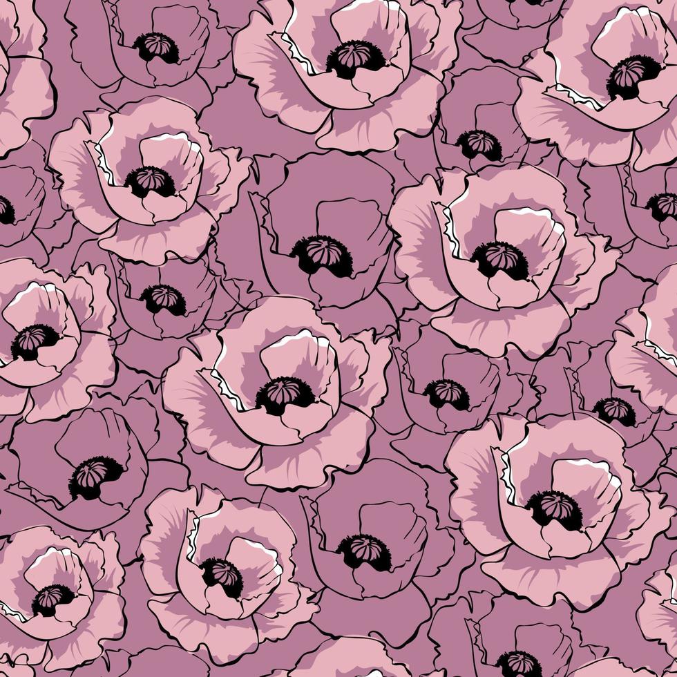 Vector pink poppy flowers. Hand drawn seamless pattern. Wild flowers color illustration. Floral texture. Wallpaper,  digital paper, wrapping paper, textile design.