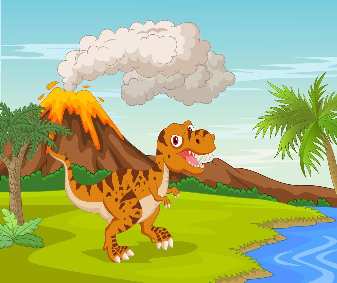 Prehistoric scene with tyrannosaurus cartoon vector