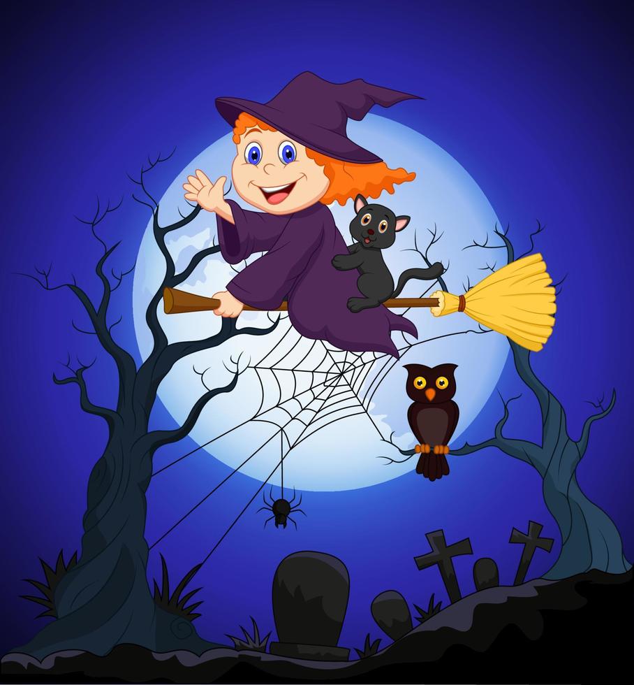 The witch flying on a broom on a full moon over the cemetery vector