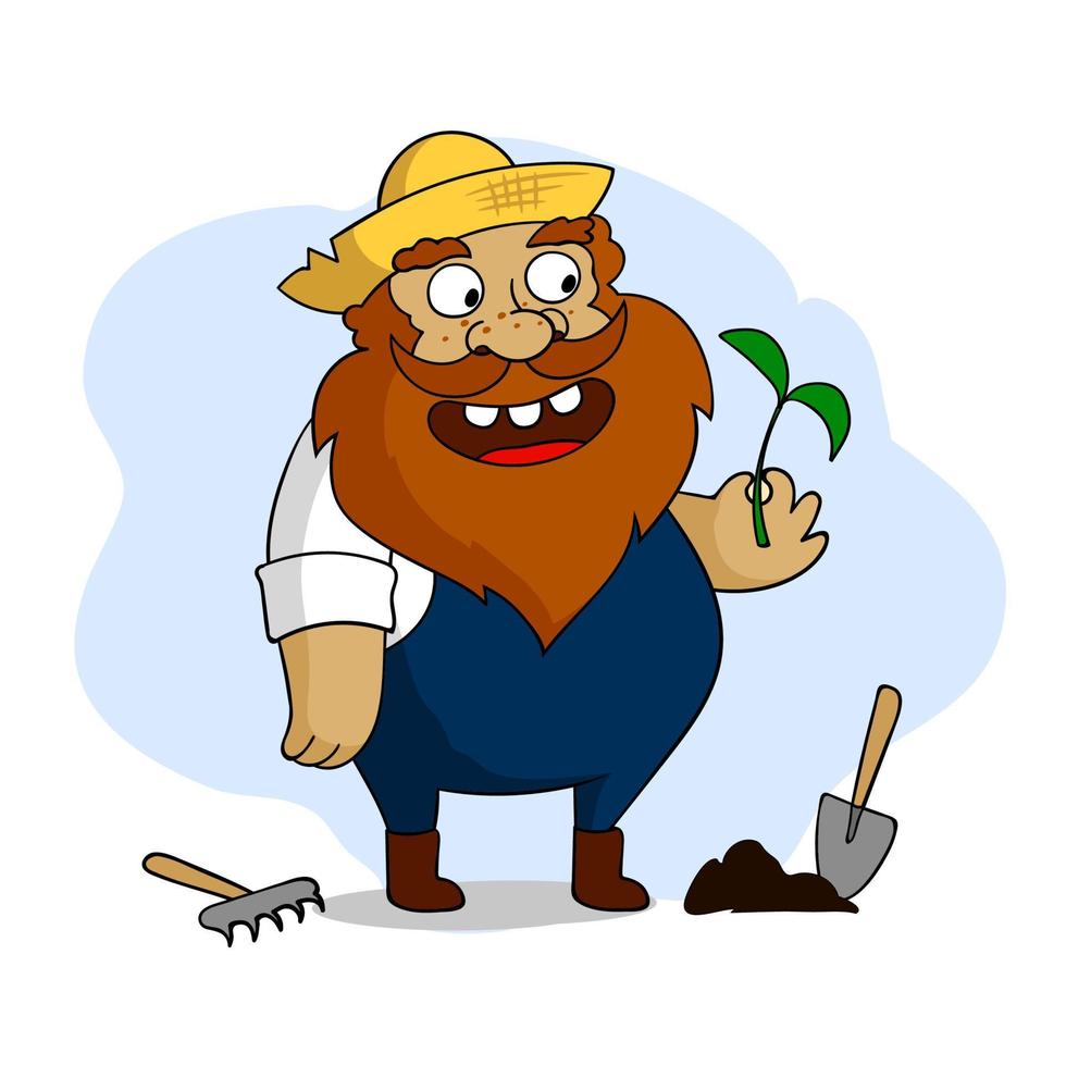Funny cartoon farmer with a red beard is planting a flower. Vector illustration