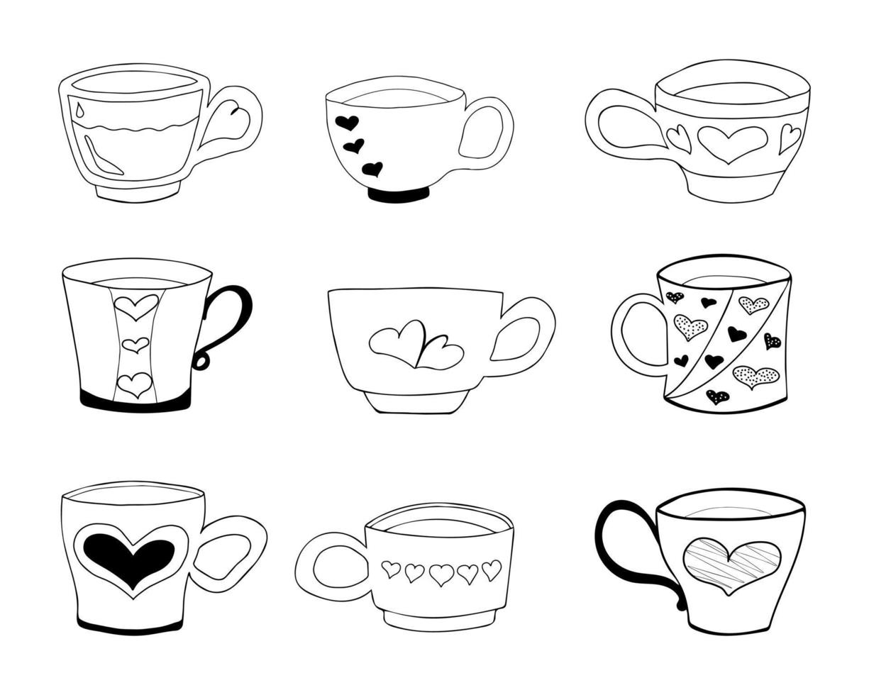Set of hand drawn various vintage tea cups, coffee mugs decorated with hearts vector