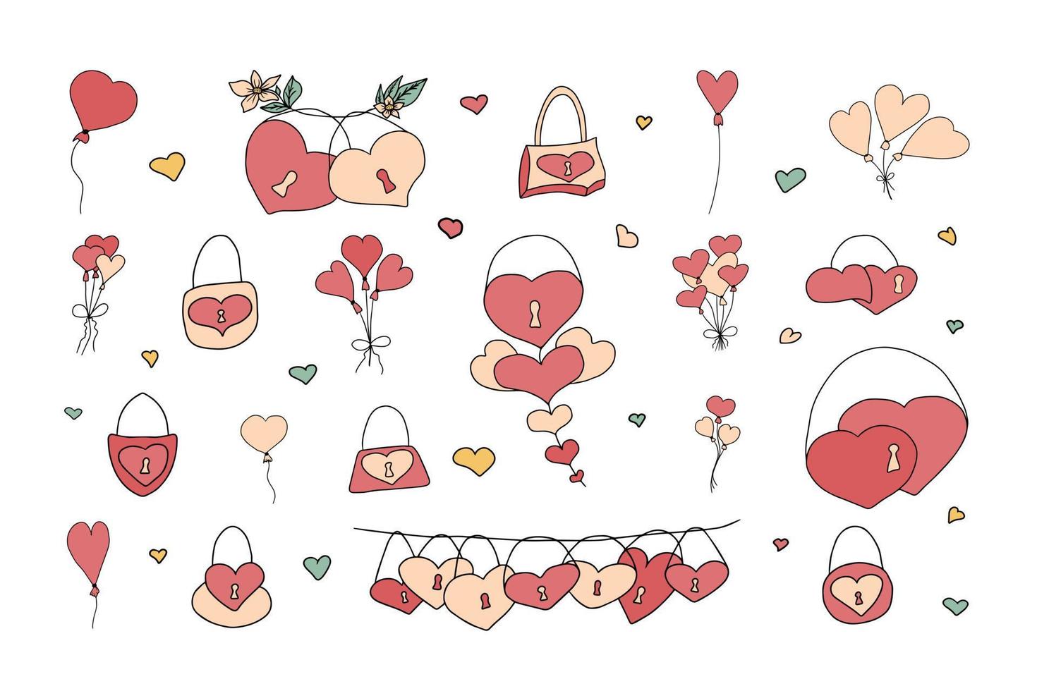 A set of various heart shaped closed locks and balloons. Doodle symbols of love. Hand drawn elements for design. Isolated on white background. vector